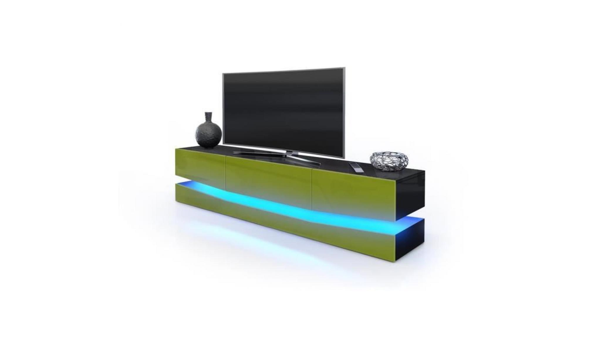 meuble tv  désign corps noir  et  façades en vert clair haute brillance avec led