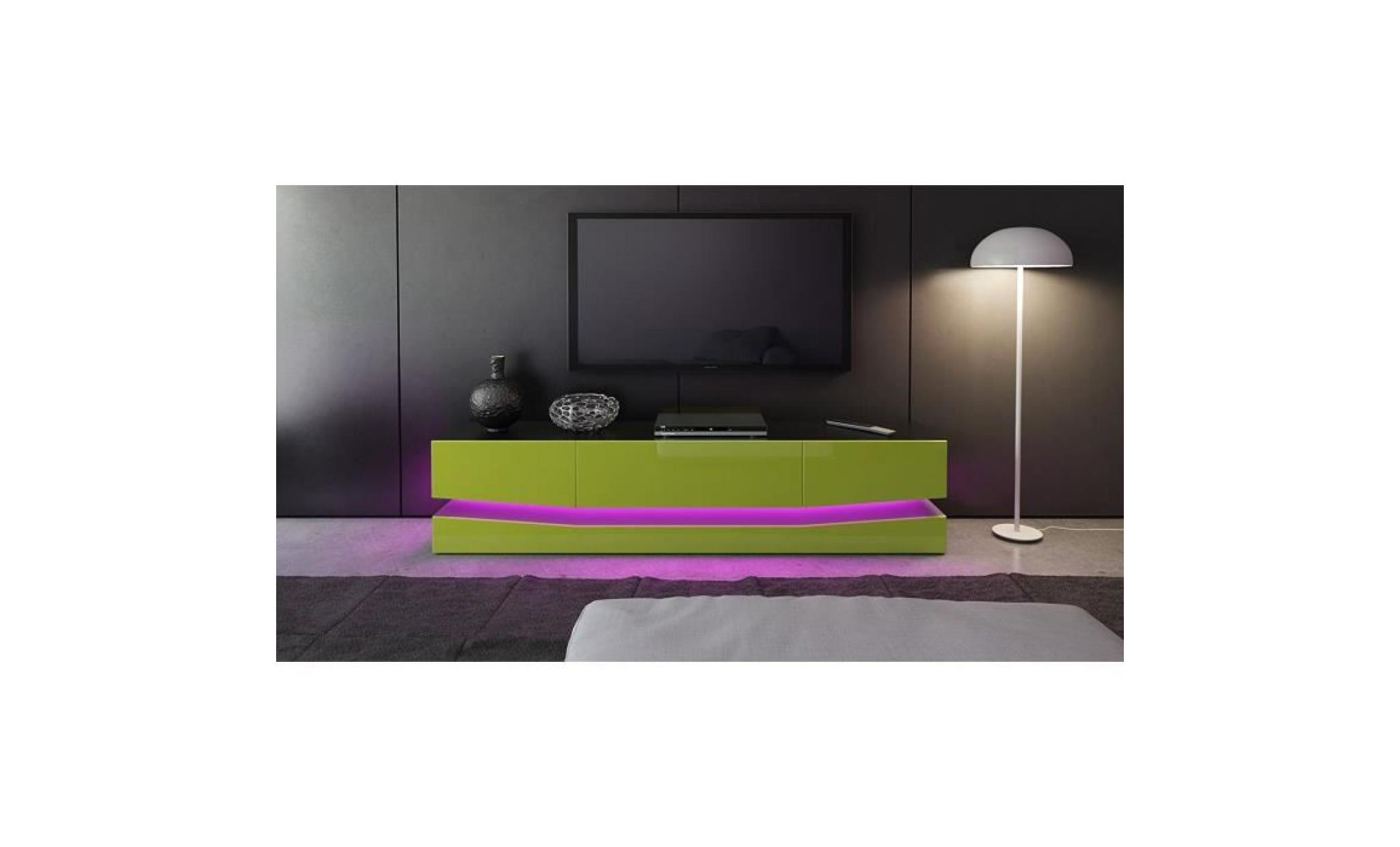 meuble tv  désign corps noir  et  façades en vert clair haute brillance avec led pas cher