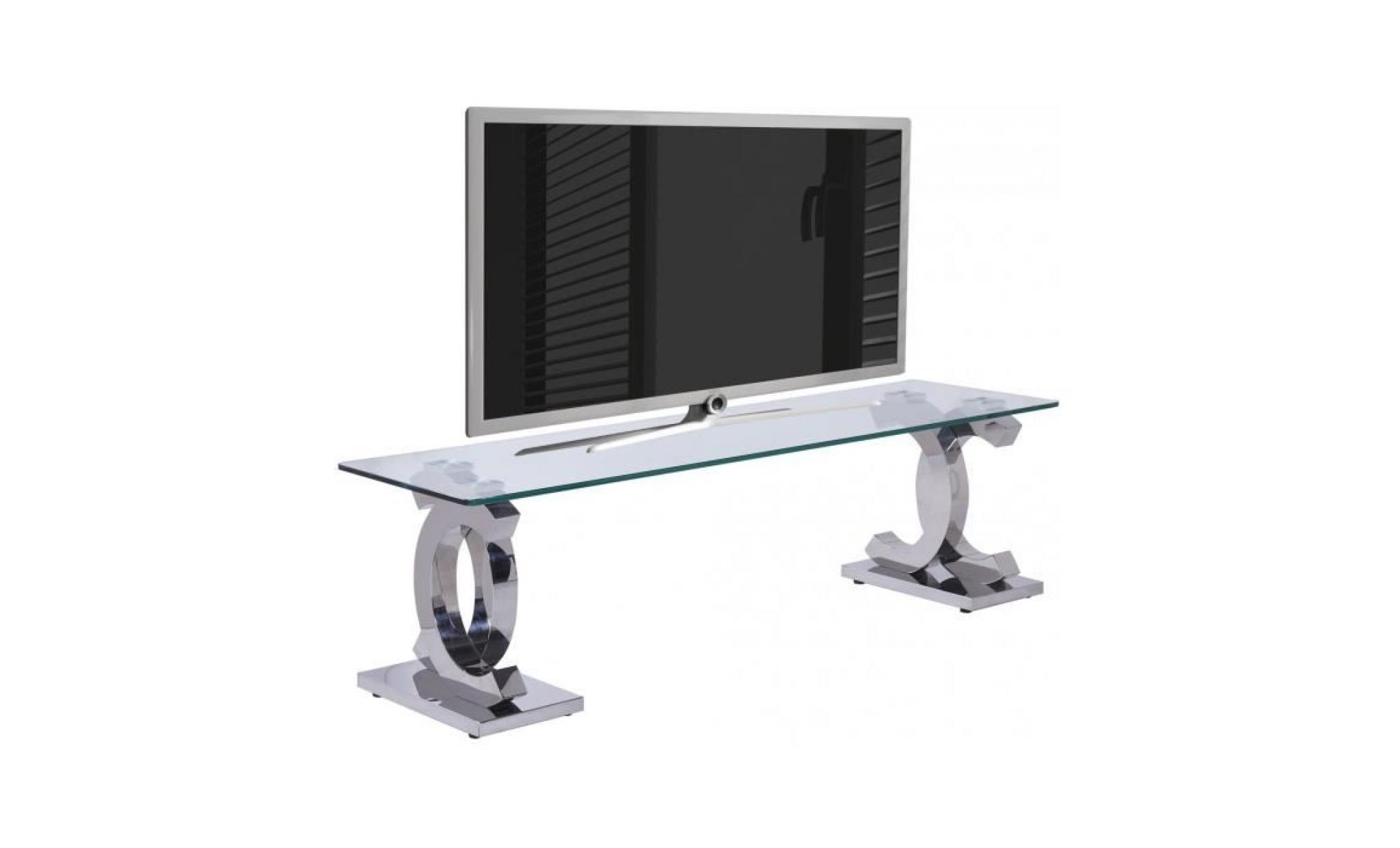 meuble tv design double c en acier inoxydable poli et verre trempé sécurit 12mm l. 160 x p. 45 x h. 45 cm collection c niven