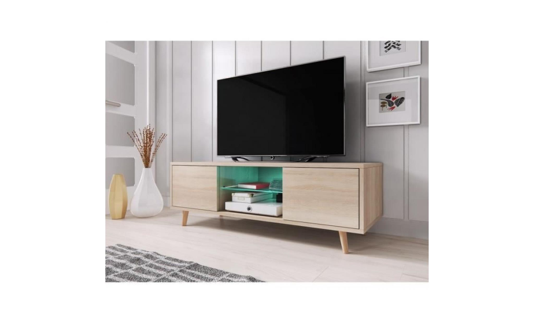 meuble tv design eden 140 cm, 2 portes et 2 niches, coloris blanc mat et blanc brillant + led. type scandinave.: 42 blanc