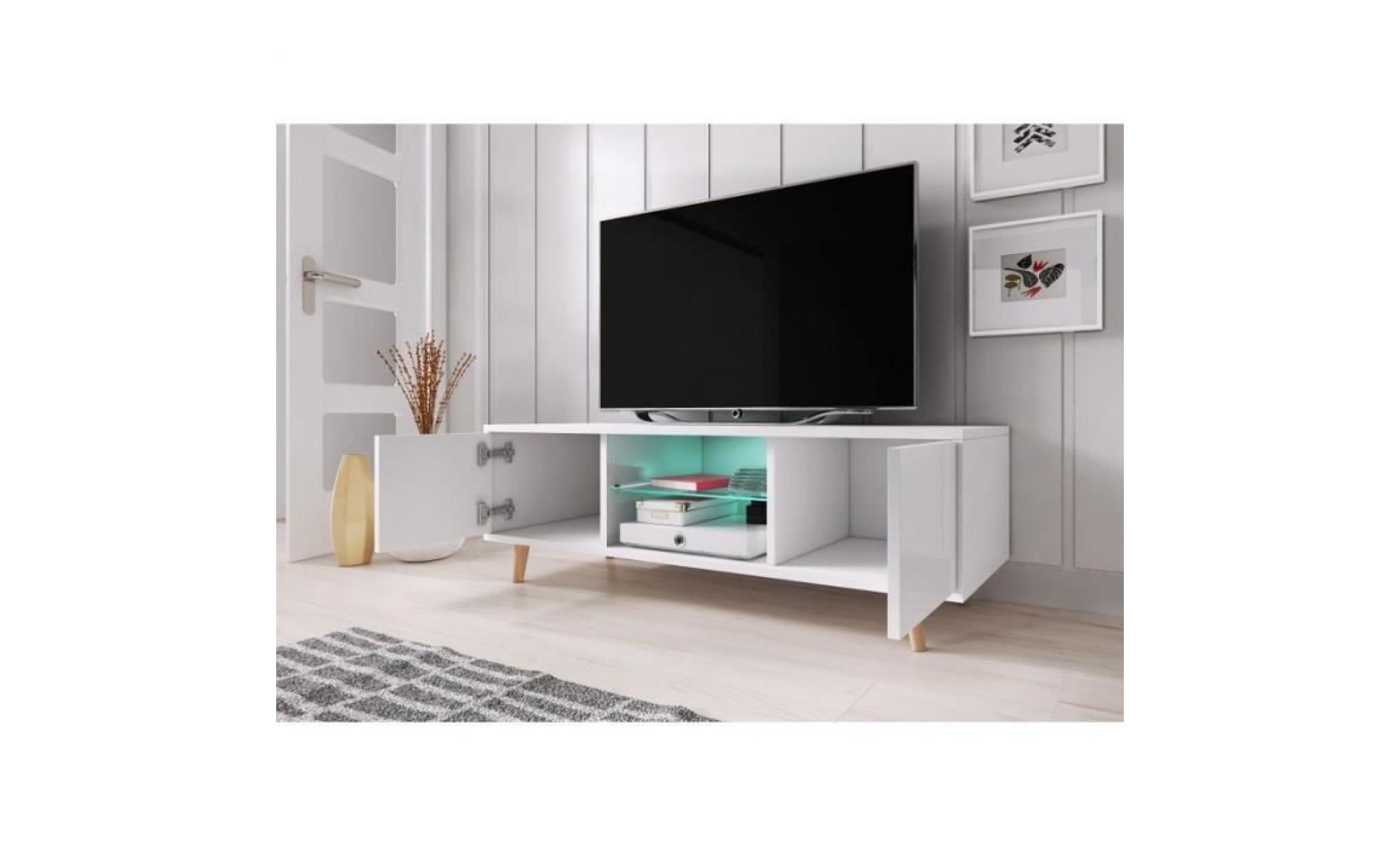 meuble tv design eden 140 cm, 2 portes et 2 niches, coloris blanc mat et blanc brillant + led. type scandinave.: 42 blanc pas cher