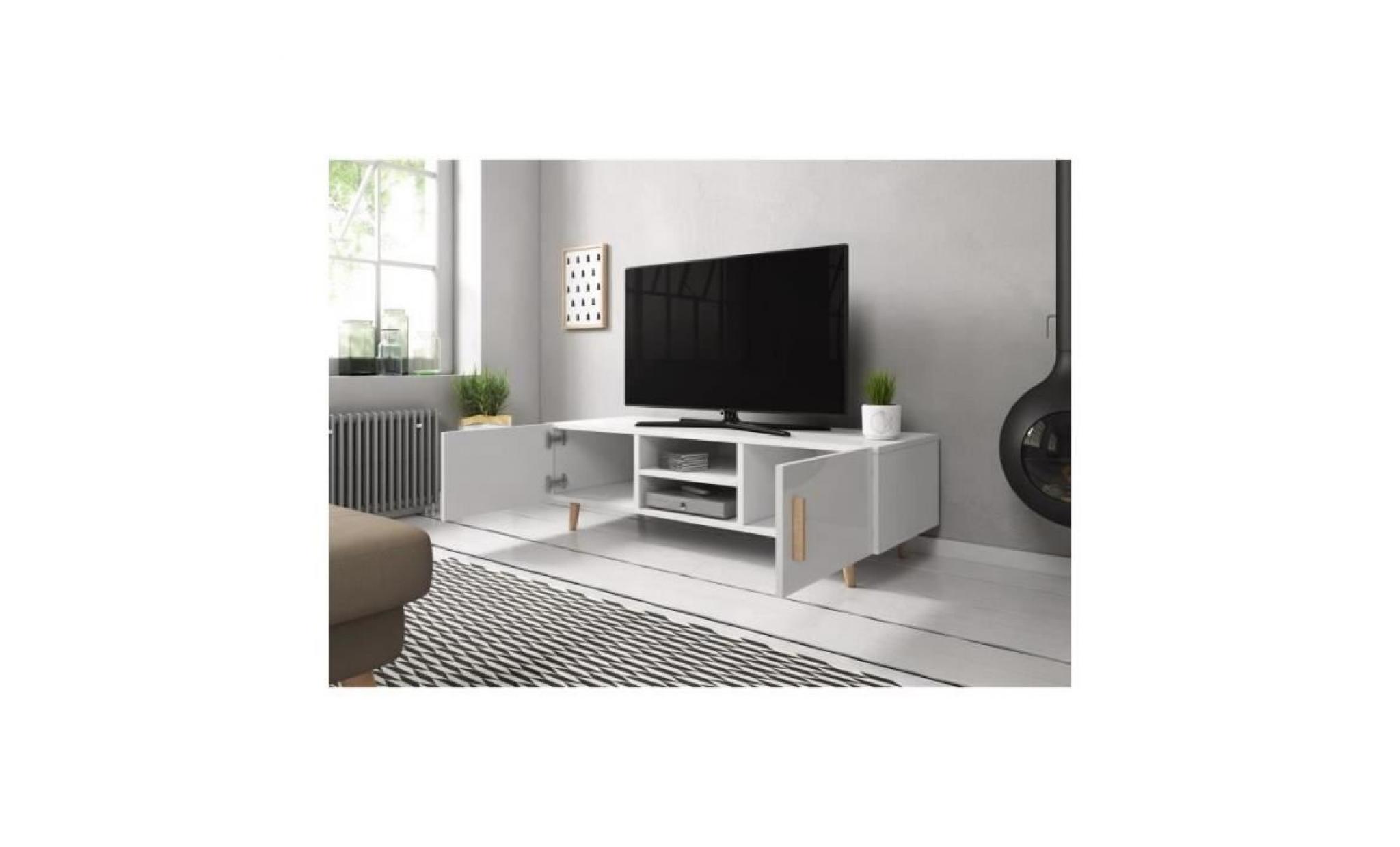 meuble tv design eden ii 140 cm, 2 portes et 2 niches, coloris blanc mat et blanc brillant. type scandinave.: 42 blanc pas cher