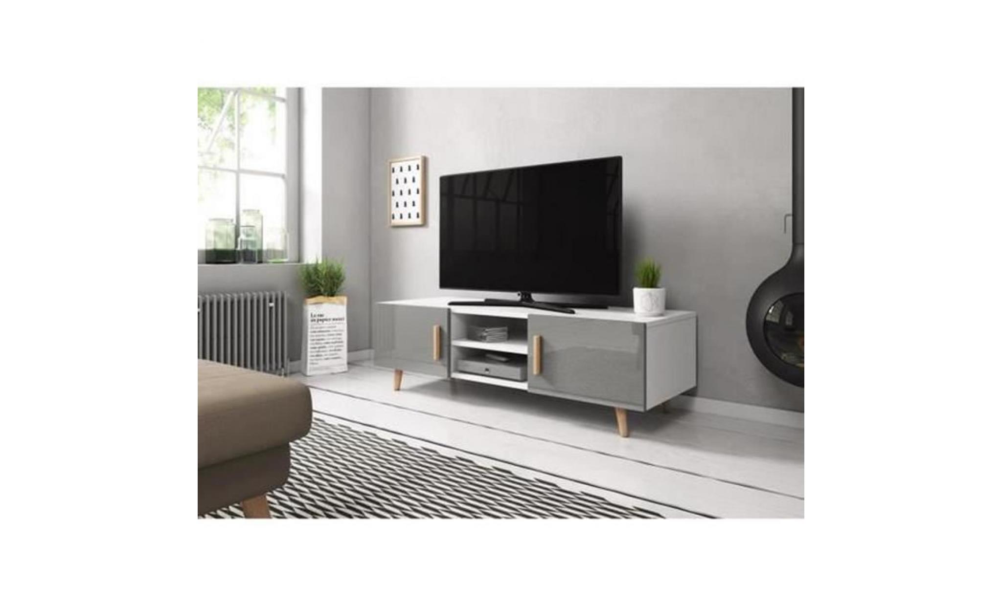 meuble tv design en panneaux de particules coloris blanc blanc haute brillance   dim : 140 x 42 x 50 cm