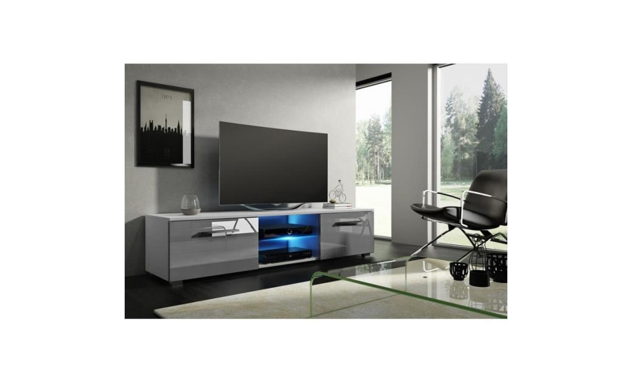 meuble tv design leon 140 cm à 2 tiroirs et 2 niches coloris blanc mat et blanc brillant + led: 40 blanc