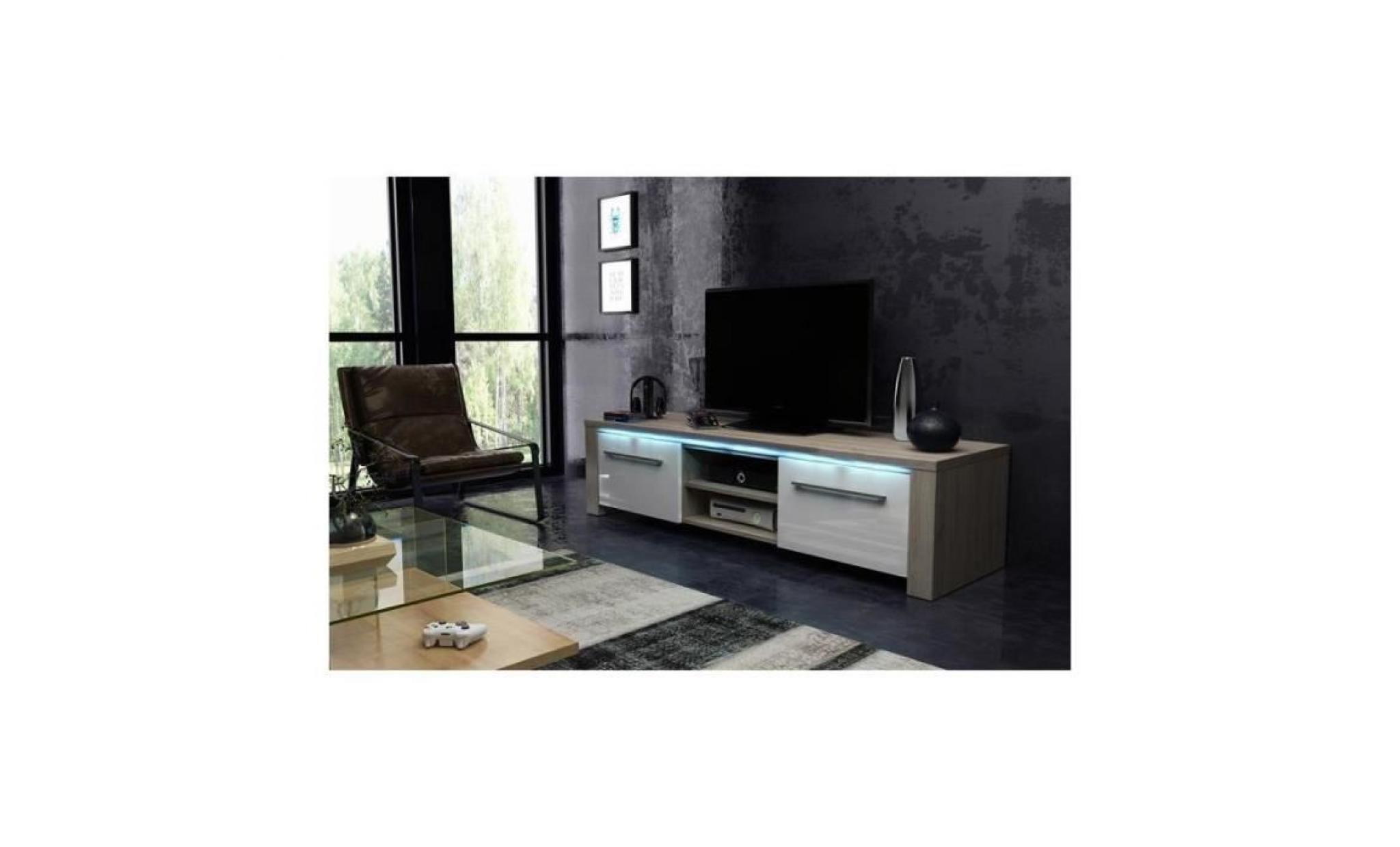 meuble tv design manhattan 140 cm à 2 portes & 2 niches coloris sonoma & blanc + led marron