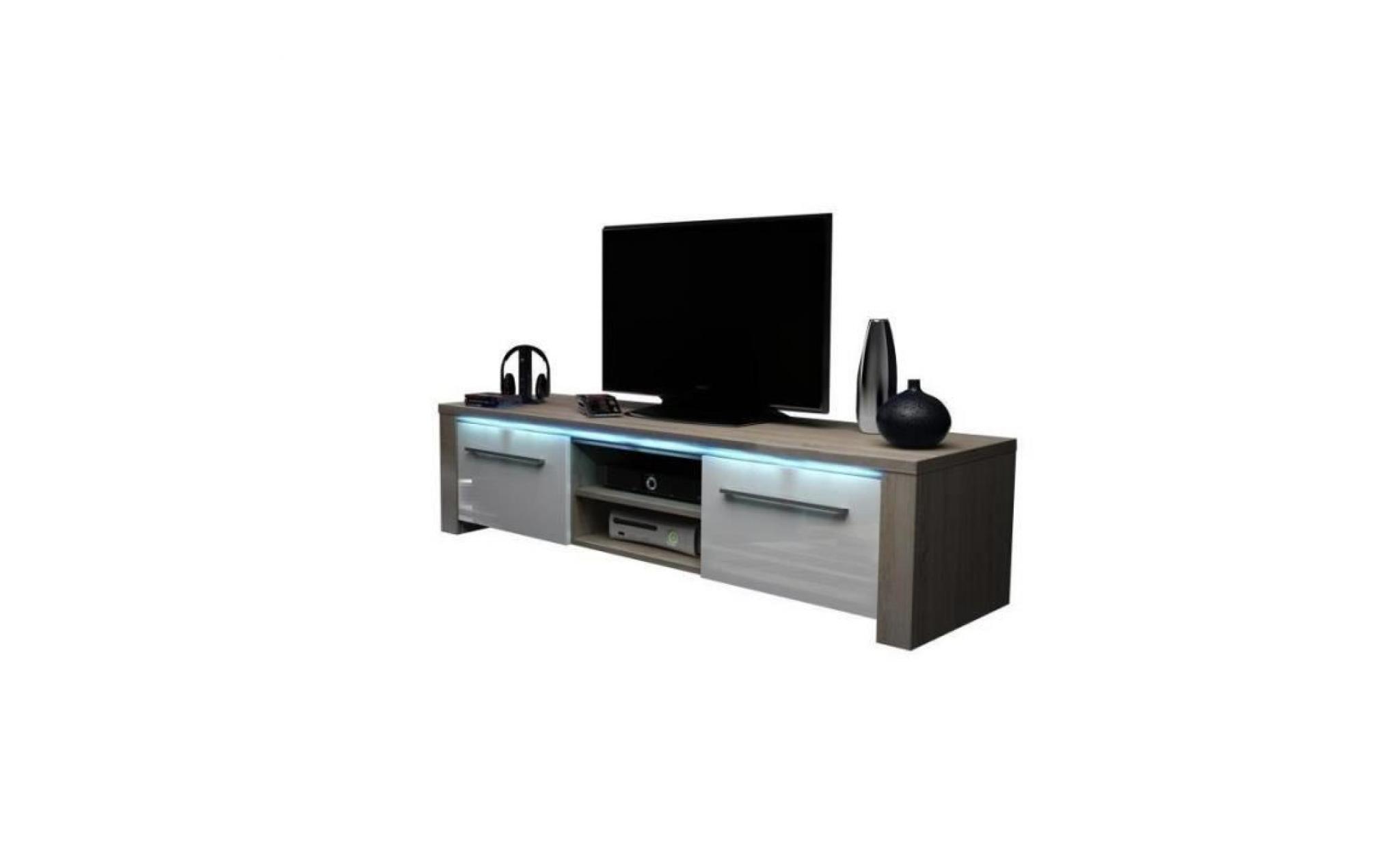 meuble tv design manhattan 140 cm à 2 portes & 2 niches coloris sonoma & blanc + led marron pas cher