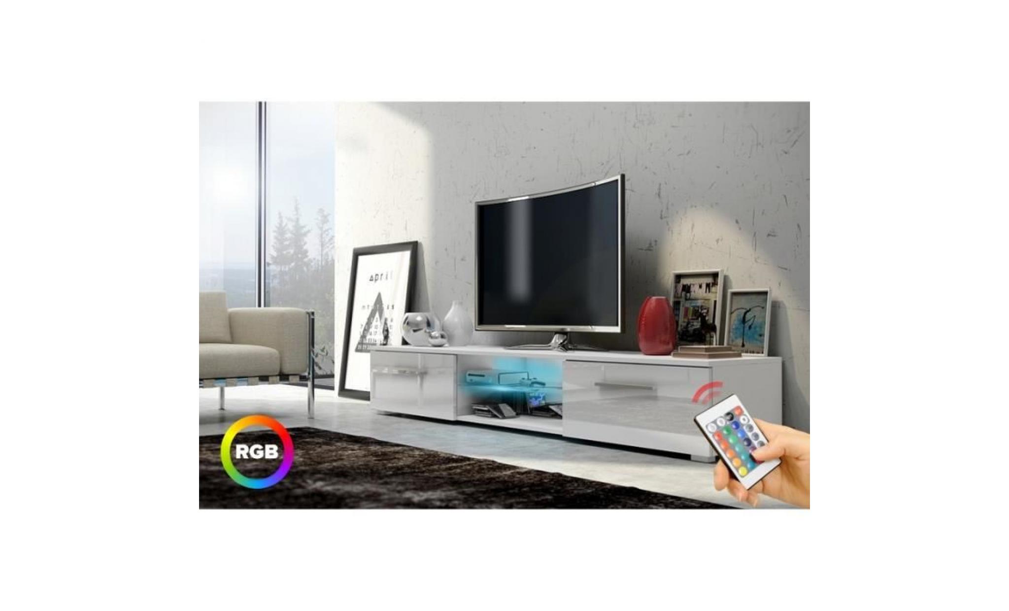meuble tv / meuble salon   edith   140 cm   blanc mat / blanc brillant   avec éclairage rgb multicolore   style minimaliste