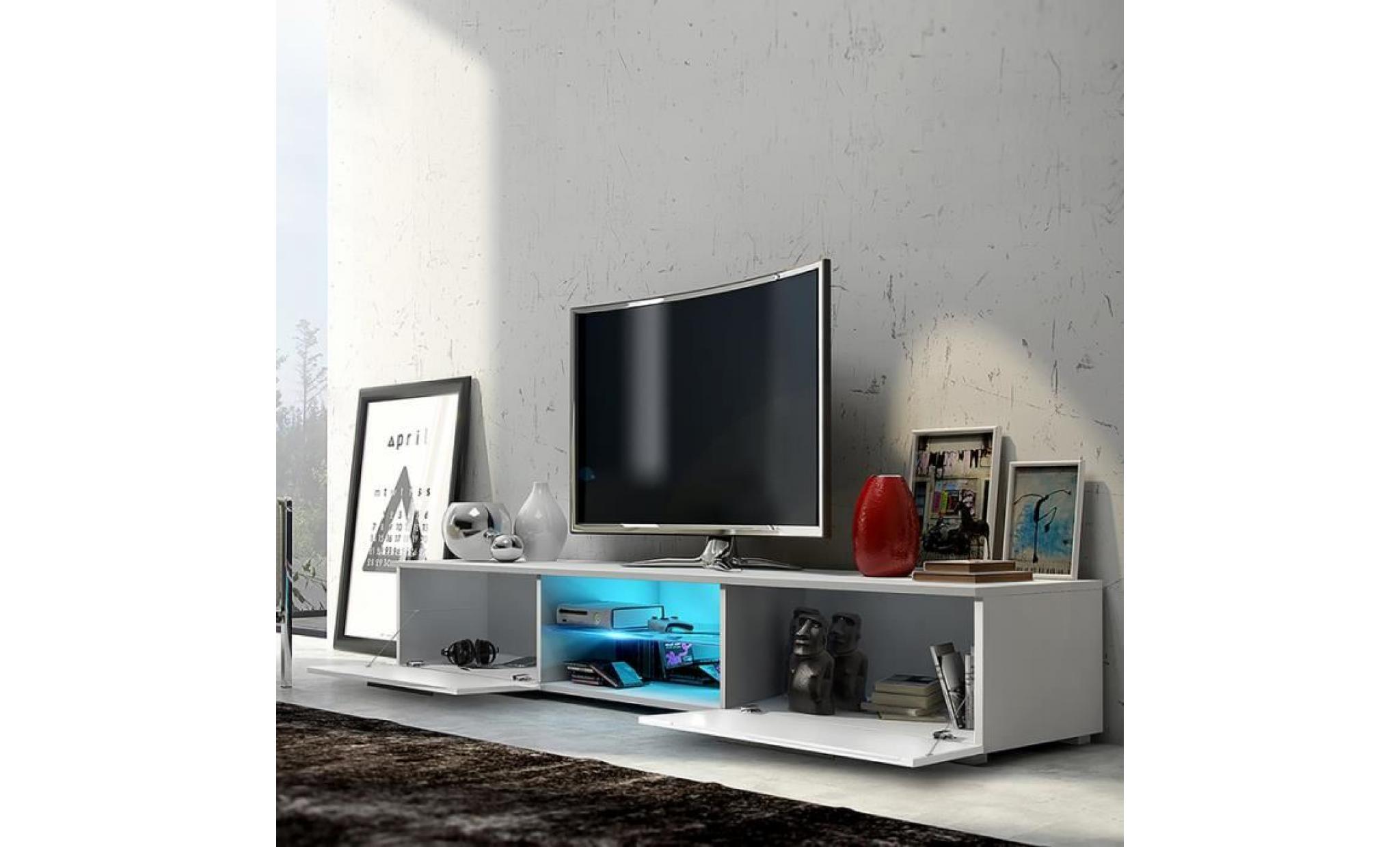 meuble tv / meuble salon   edith   140 cm   blanc mat / blanc brillant   avec éclairage rgb multicolore   style minimaliste pas cher