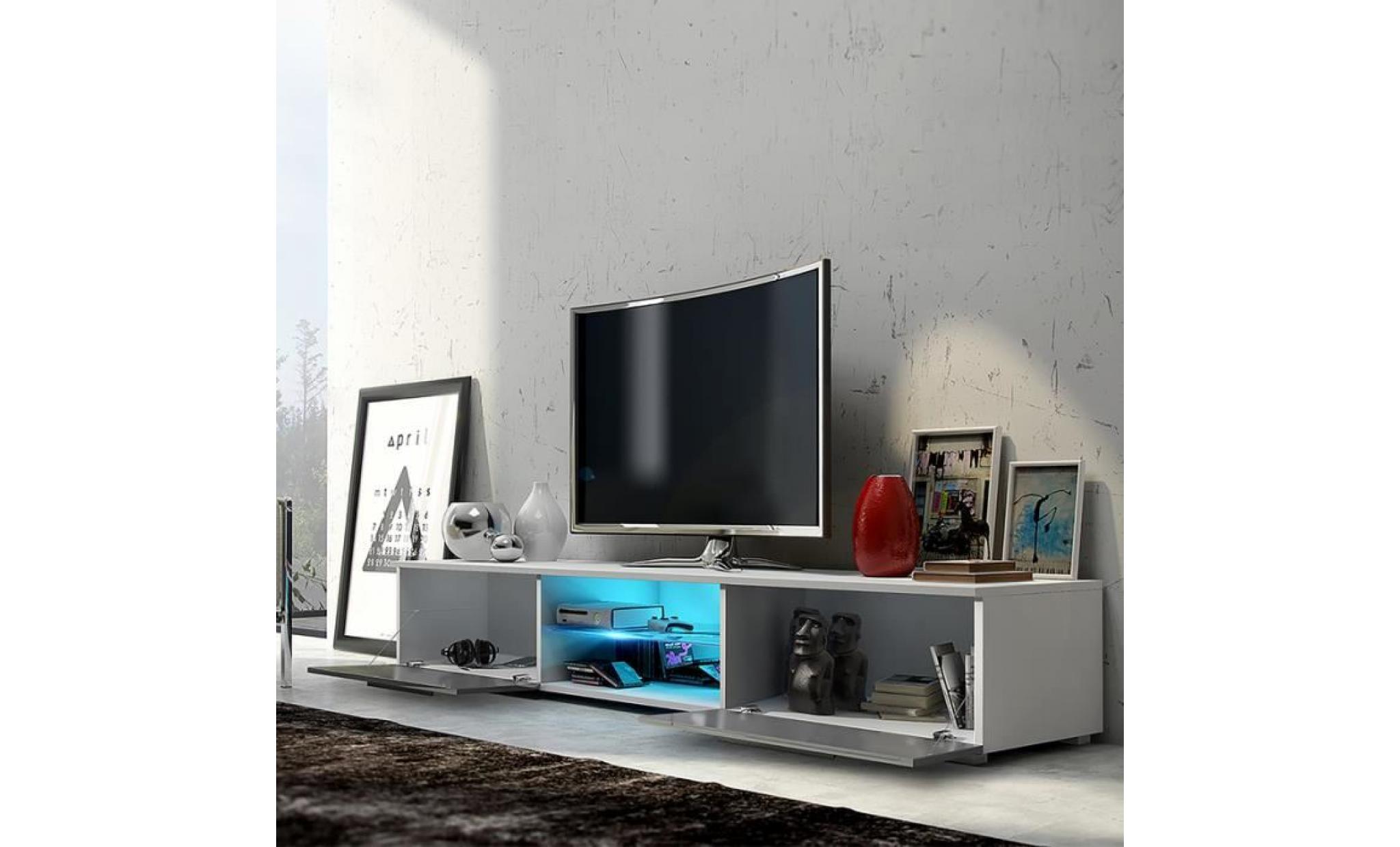 meuble tv / meuble salon   edith   140 cm   blanc mat / gris brillant   avec led bleue   style minimaliste   style moderne pas cher
