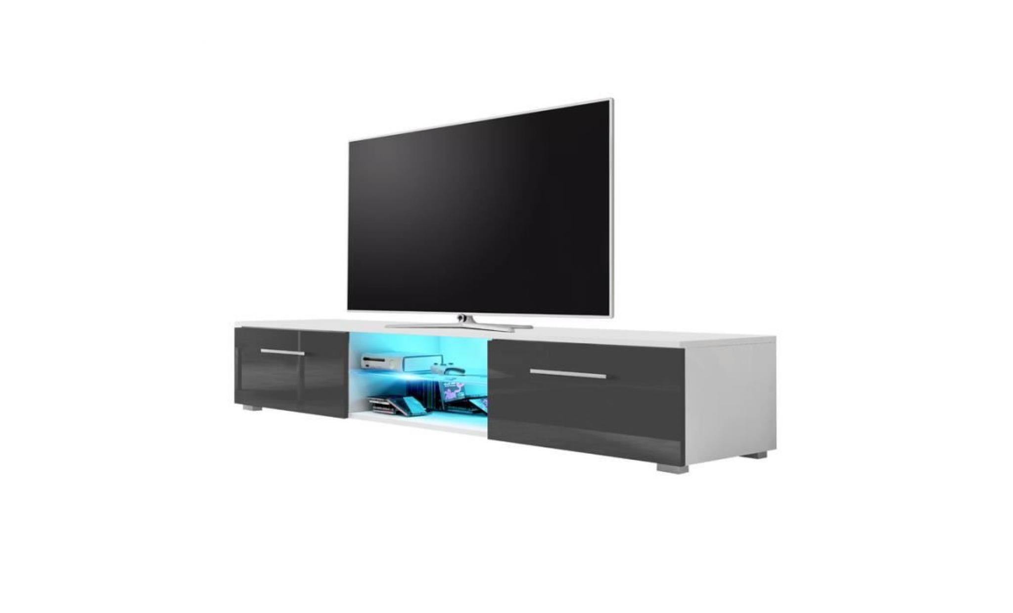 meuble tv / meuble salon   edith   140 cm   blanc mat / gris brillant   avec led bleue   style minimaliste   style moderne pas cher