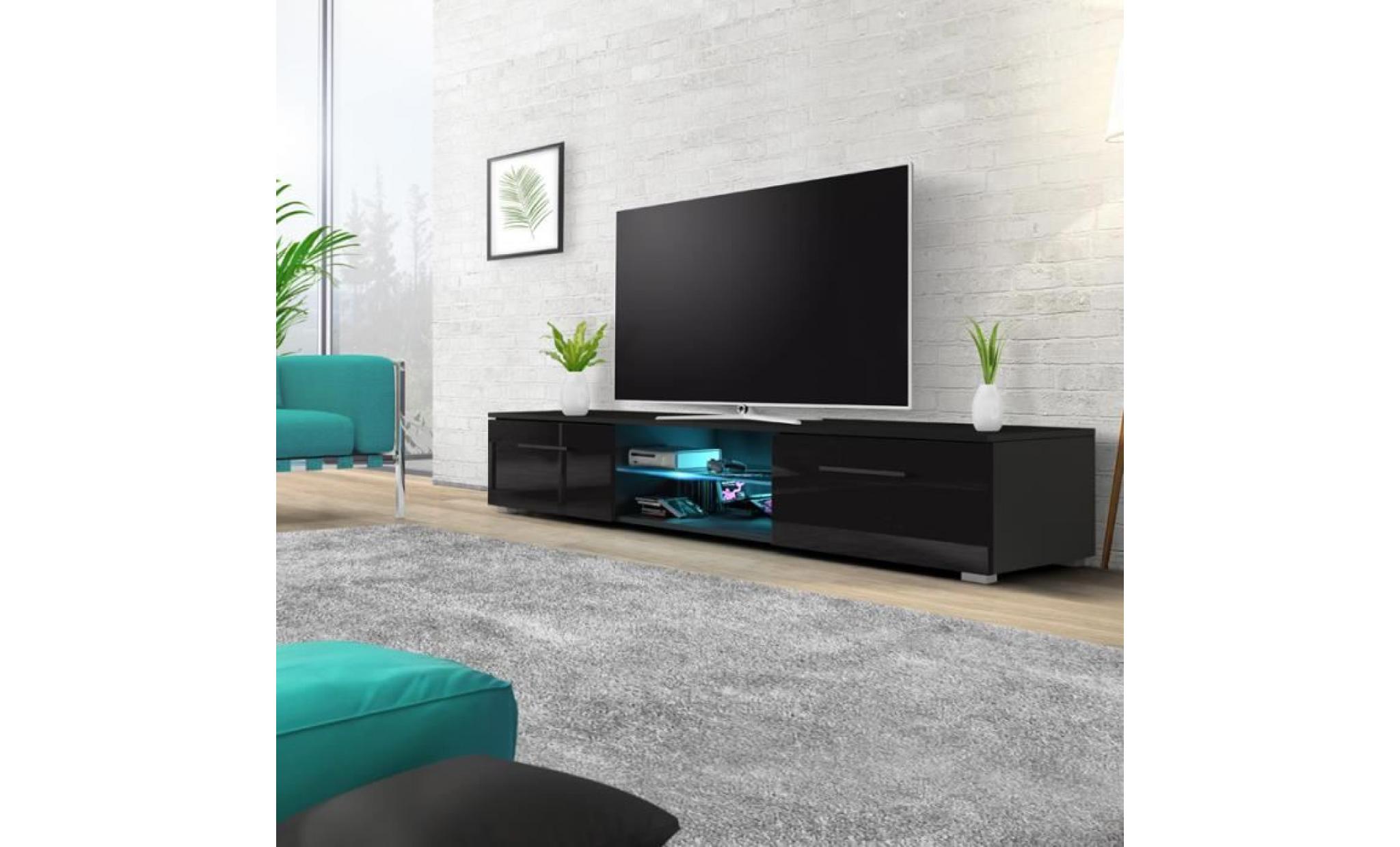meuble tv / meuble salon   edith   140 cm   noir mat / noir brillant   avec led bleue   style minimaliste   style moderne