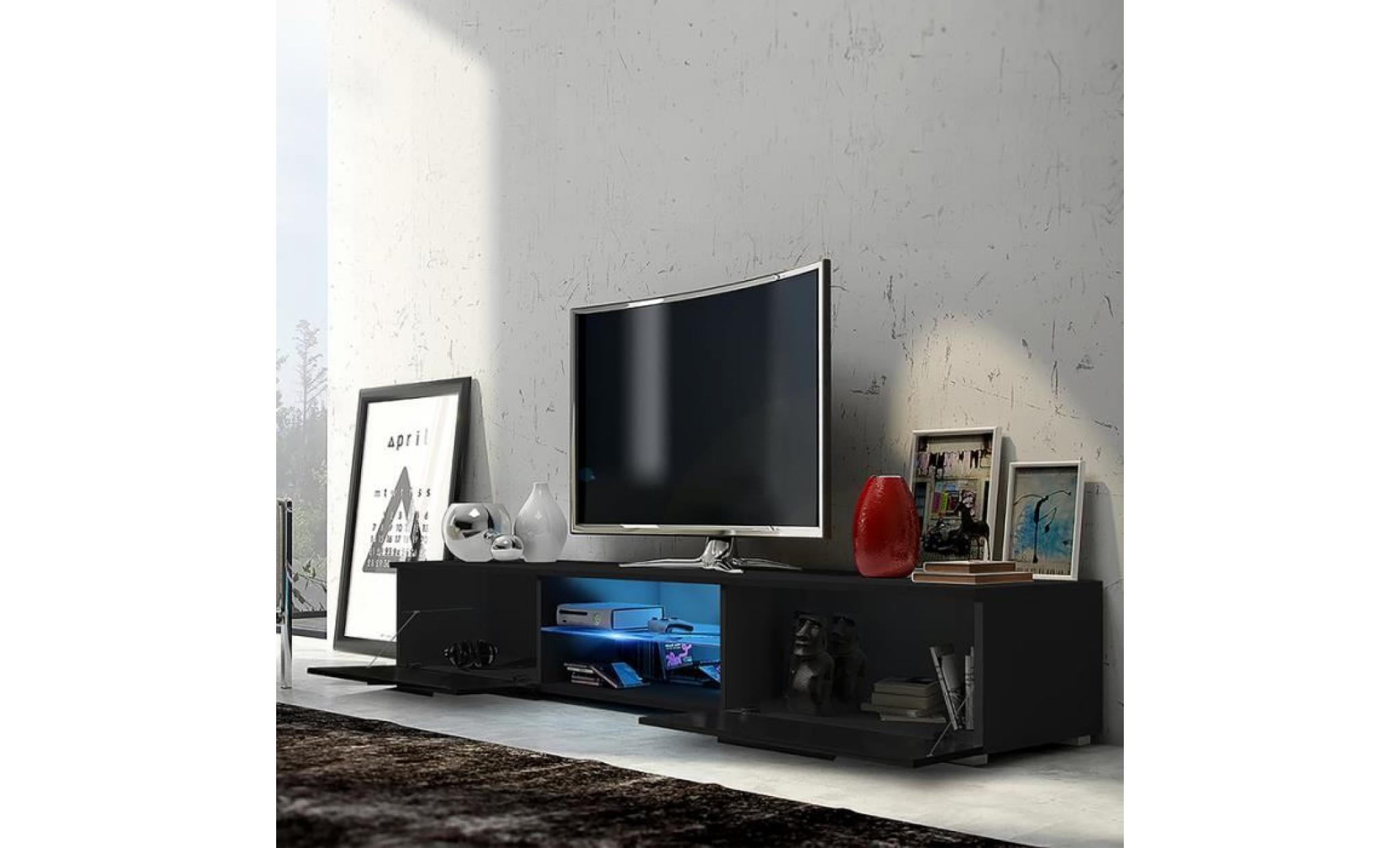 meuble tv / meuble salon   edith   140 cm   noir mat / noir brillant   avec led bleue   style minimaliste   style moderne pas cher