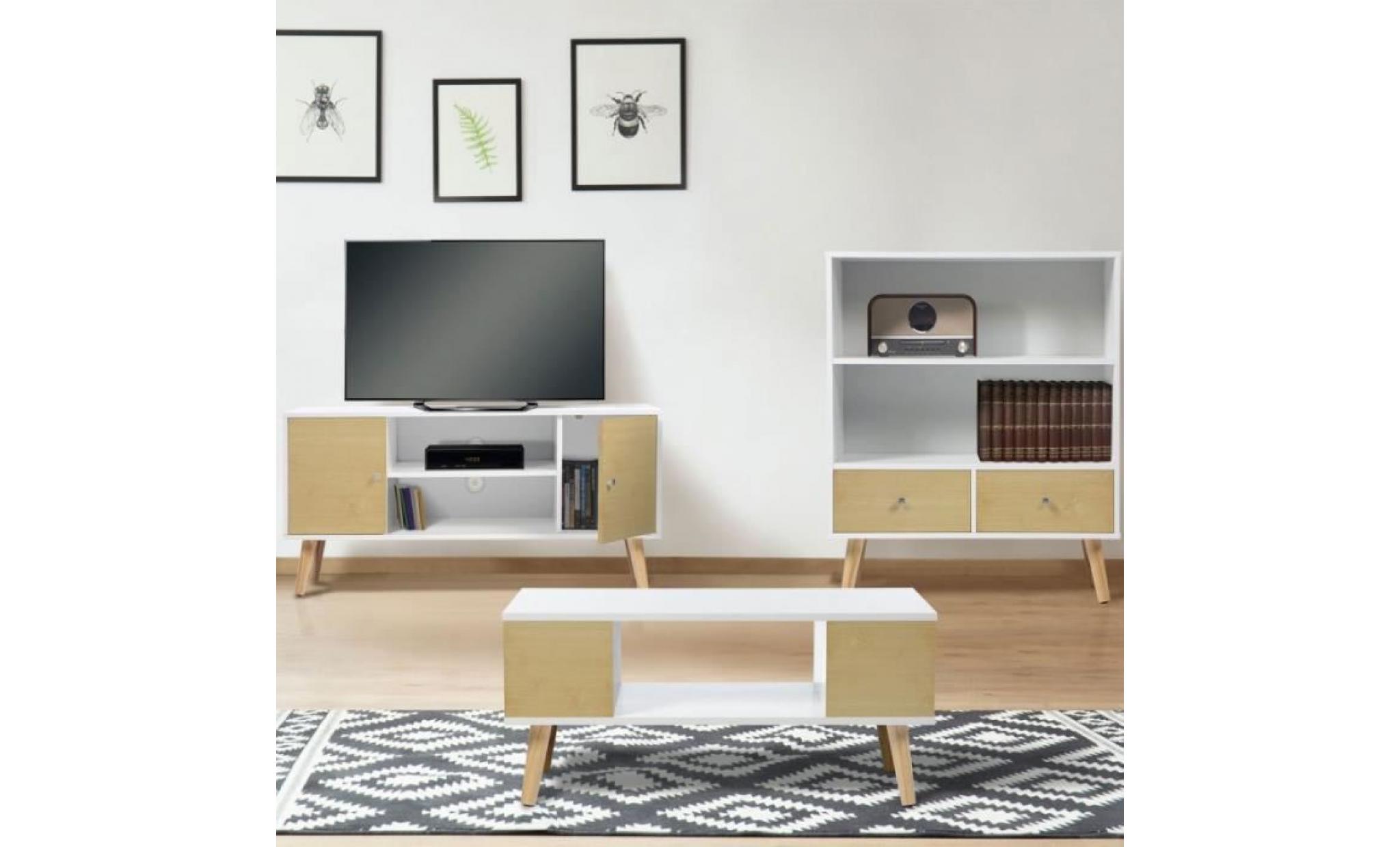 meuble tv effie scandinave bois blanc et imitation hêtre pas cher