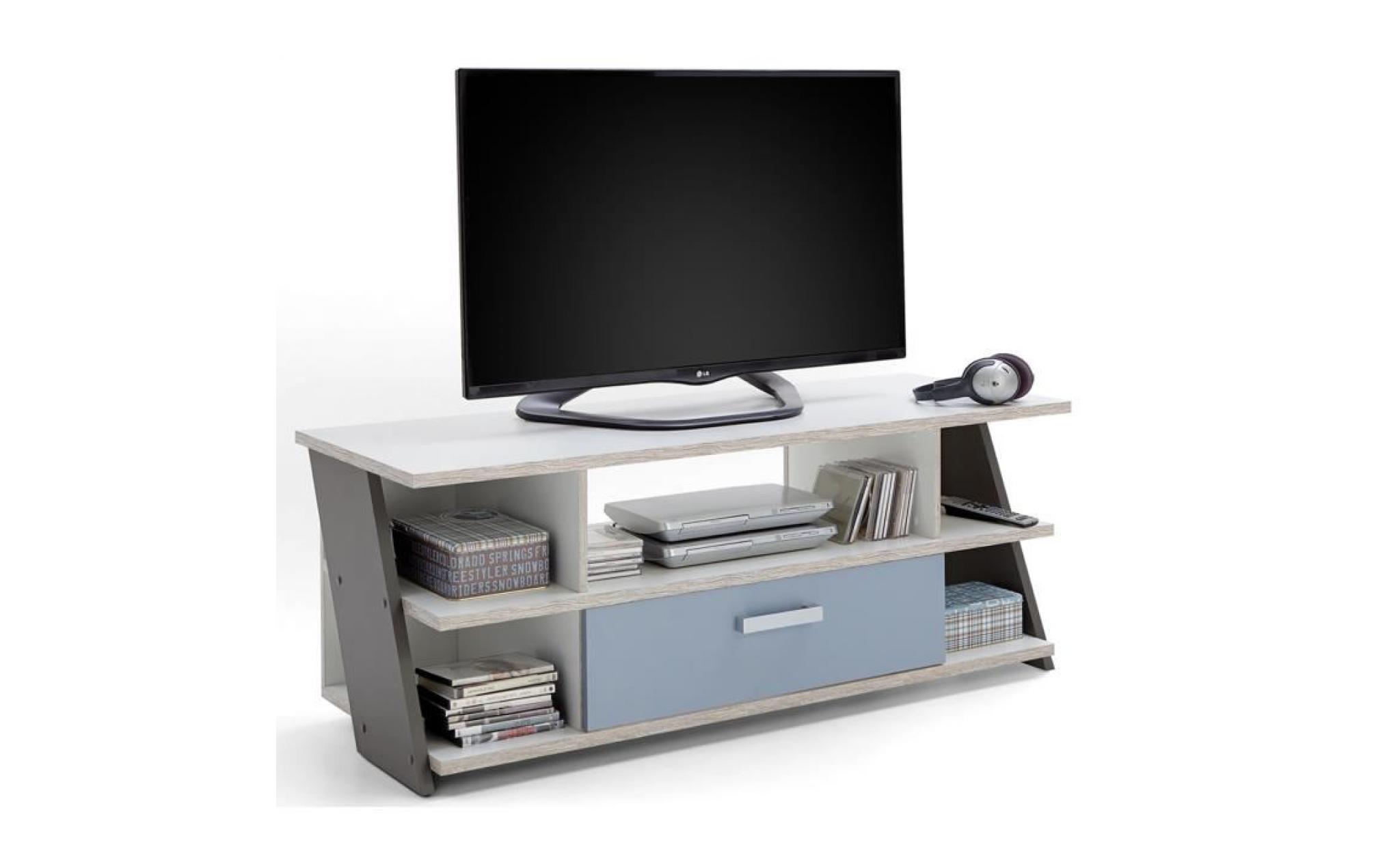 meuble tv en bois avec 1 tiroir et 5 niches   dim : l 135 x h 51,6 x p 50 cm