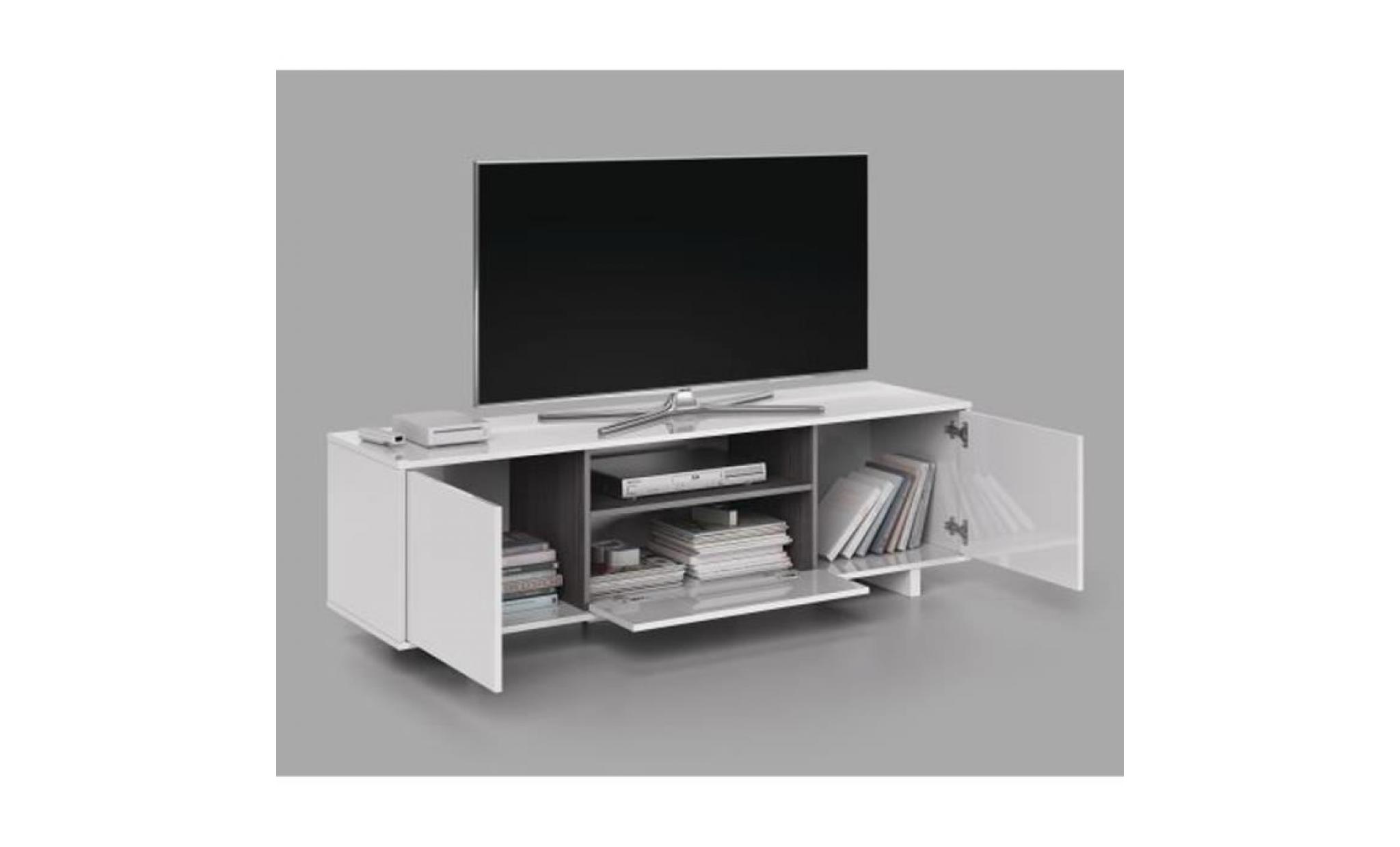 meuble tv en mélamine blanc brillant et frêne   dim : l150 x p41 x h46 cm pas cher