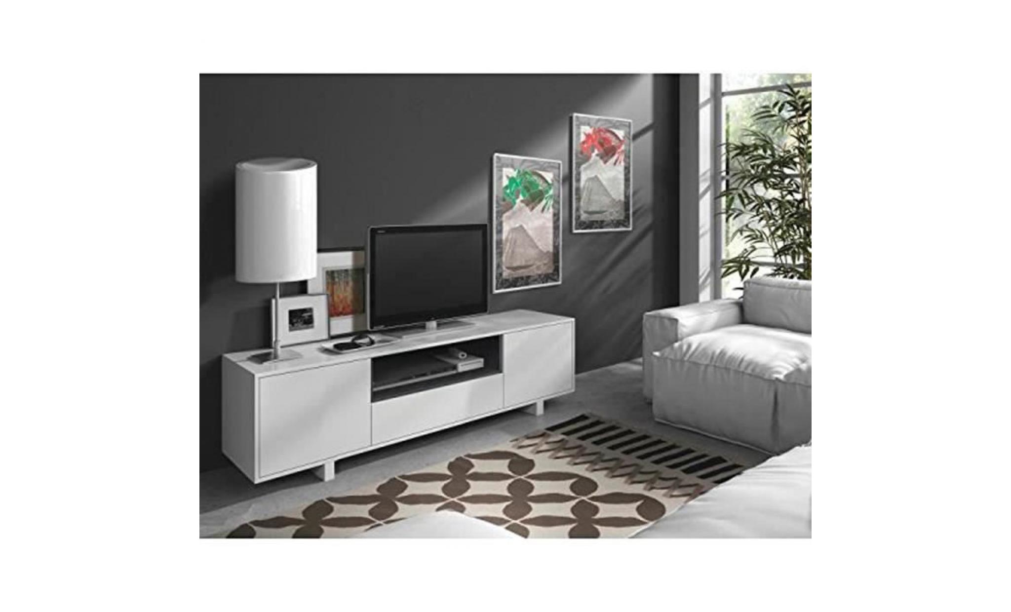 meuble tv en mélamine blanc brillant et frêne   dim : l150 x p41 x h46 cm pas cher