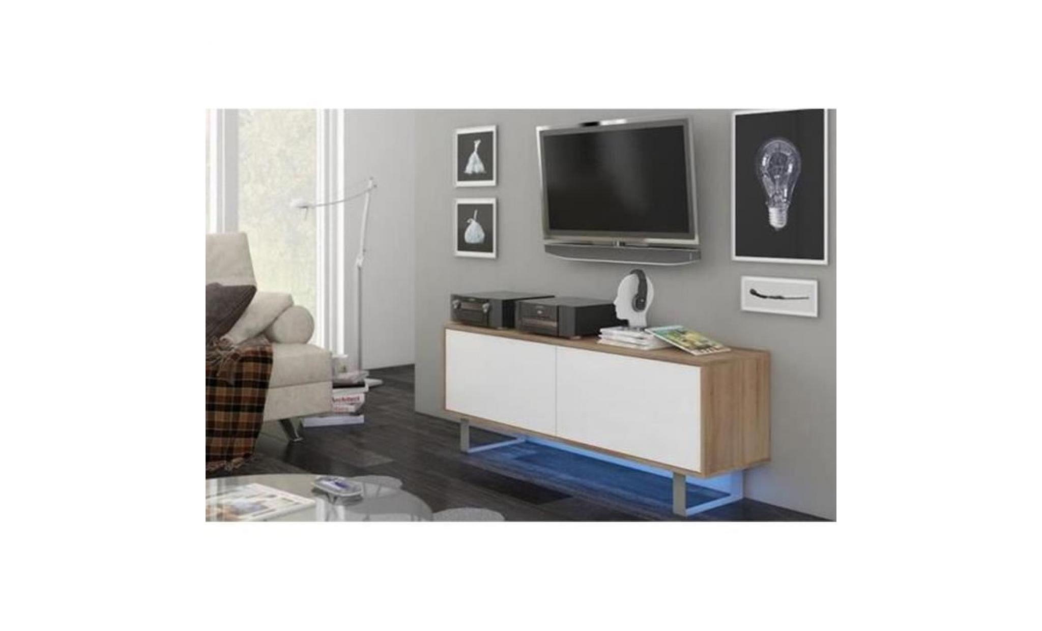 meuble tv en panneaux de particules coloris sonoma luisant avec éclairage led bleue   dim : 140x42x42 cm pas cher