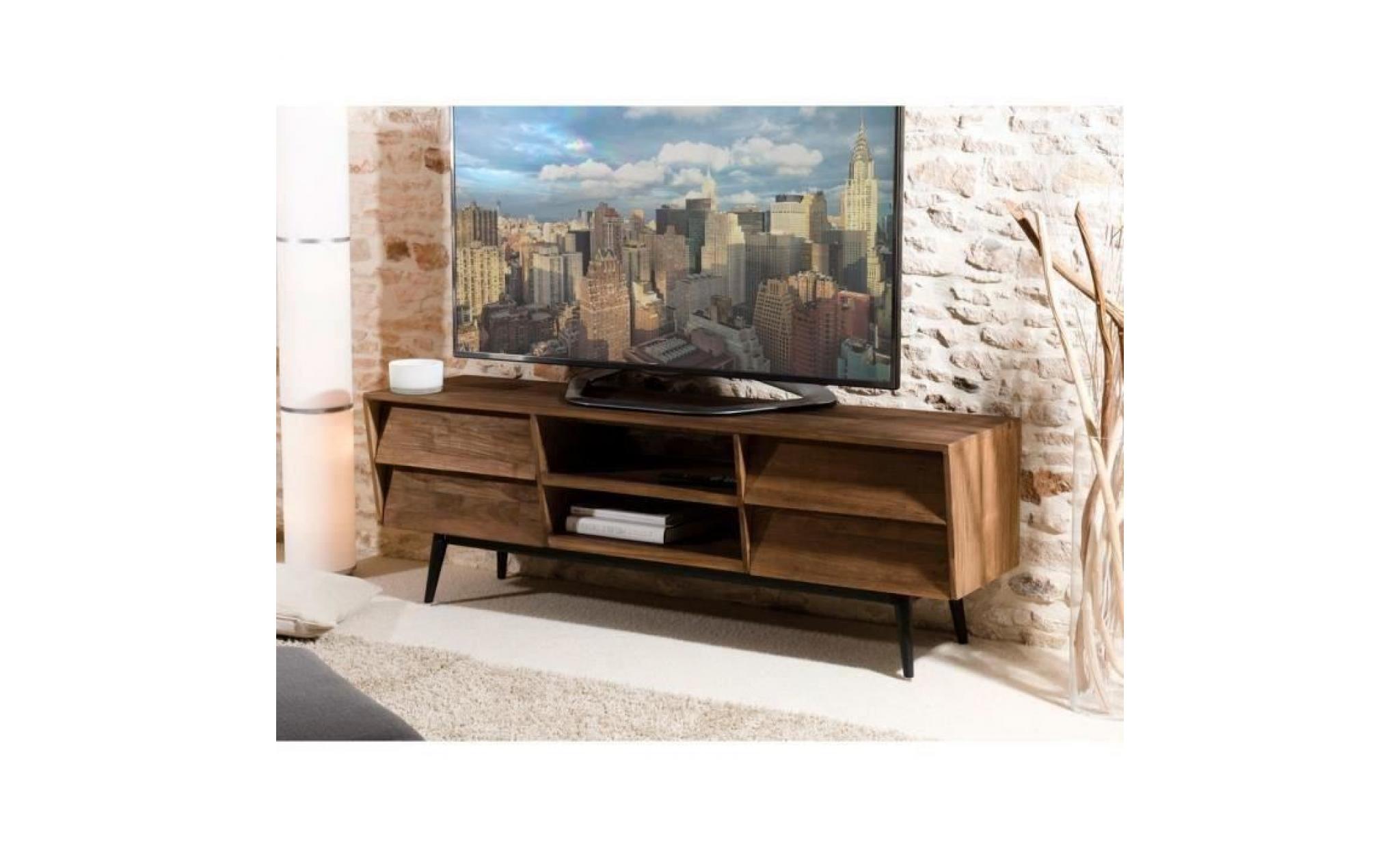 meuble tv industriel en bois teck   l 163 cm pas cher