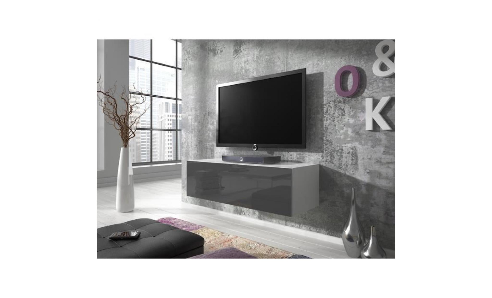 meuble tv flottant rocco 100 cm (corps mat blanc   portes gris haute brillant)