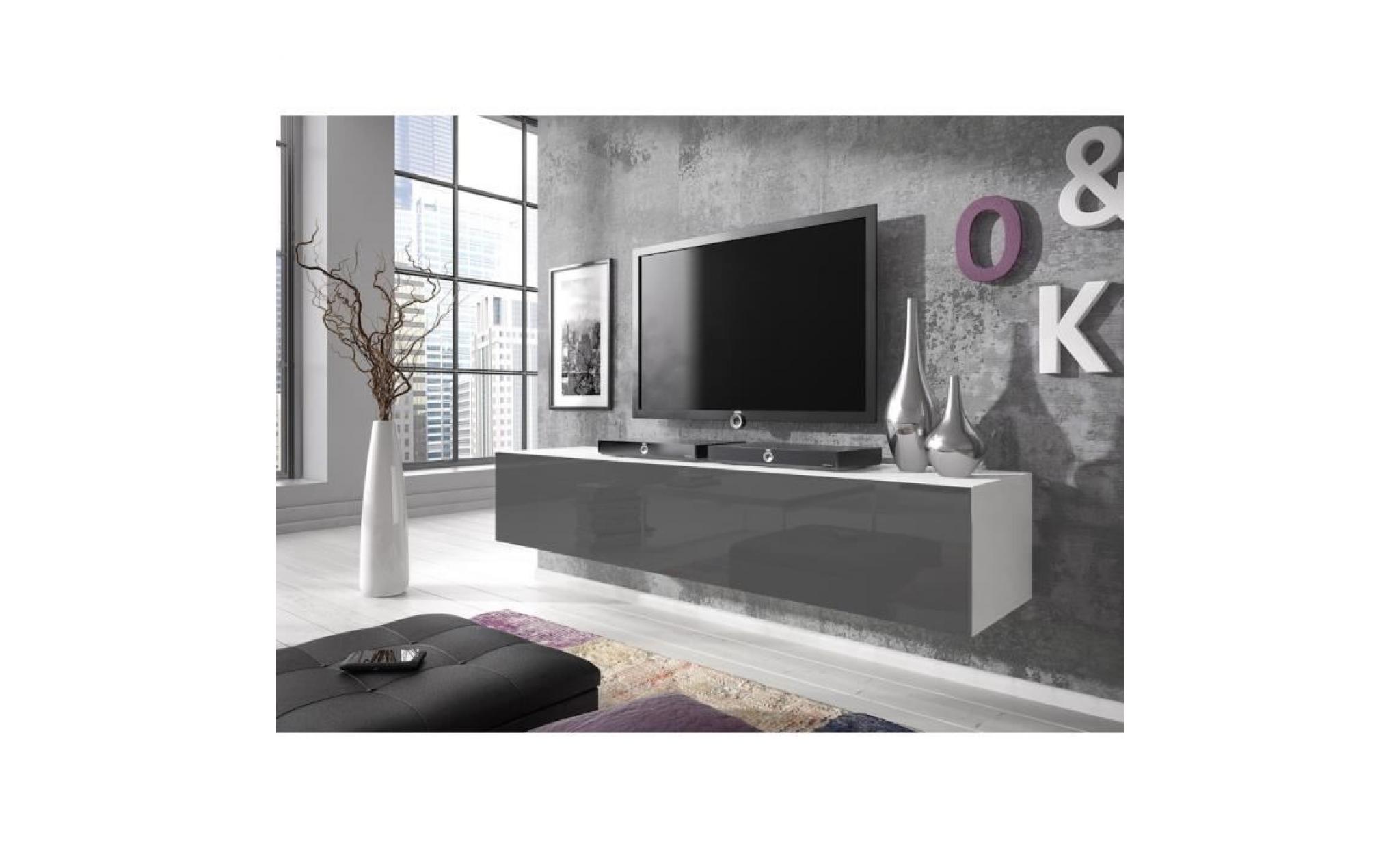 meuble tv flottant rocco 160 cm (corps mat blanc   portes blanc haute brillant)