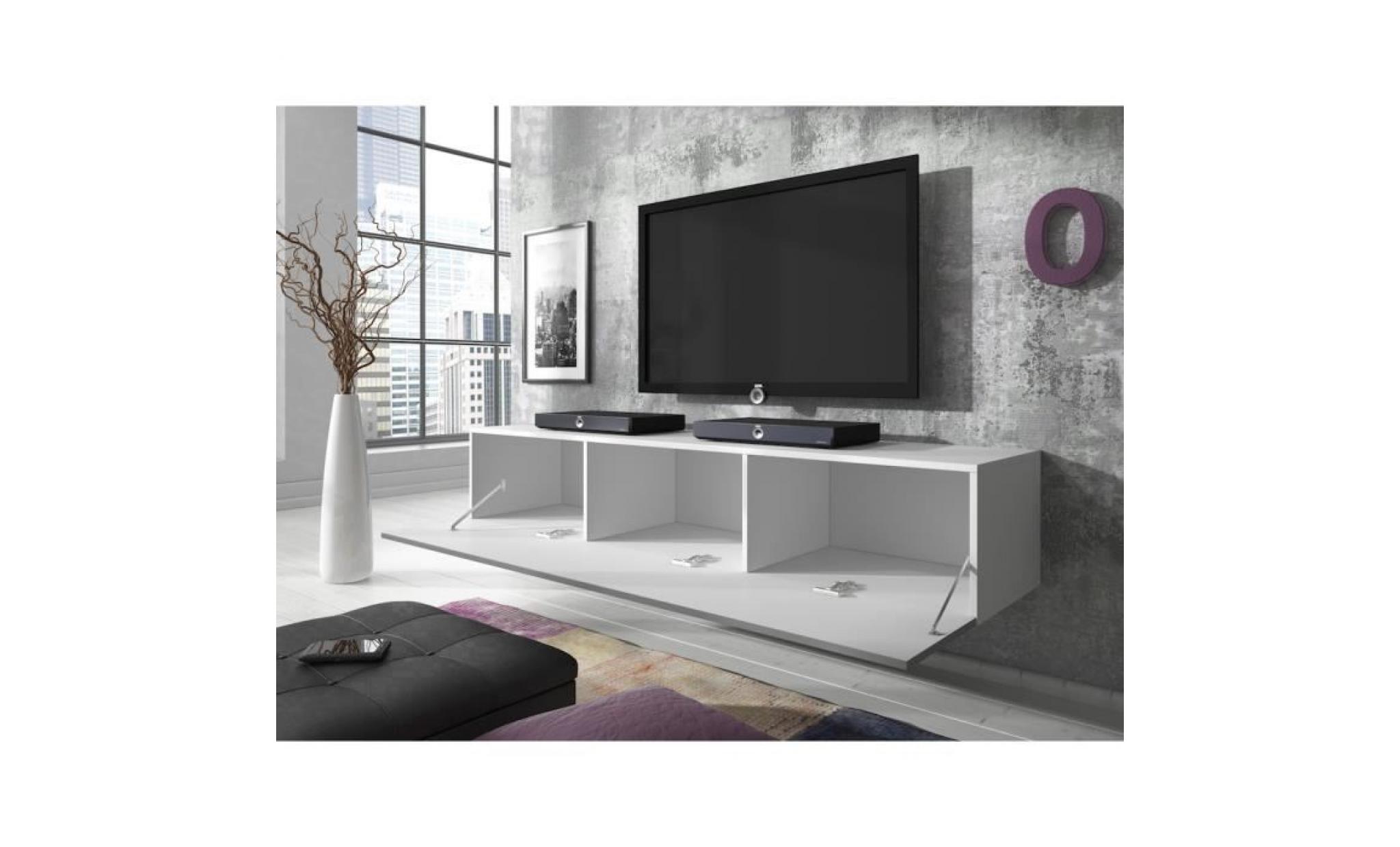 meuble tv flottant rocco 160 cm (corps mat blanc   portes blanc haute brillant) pas cher