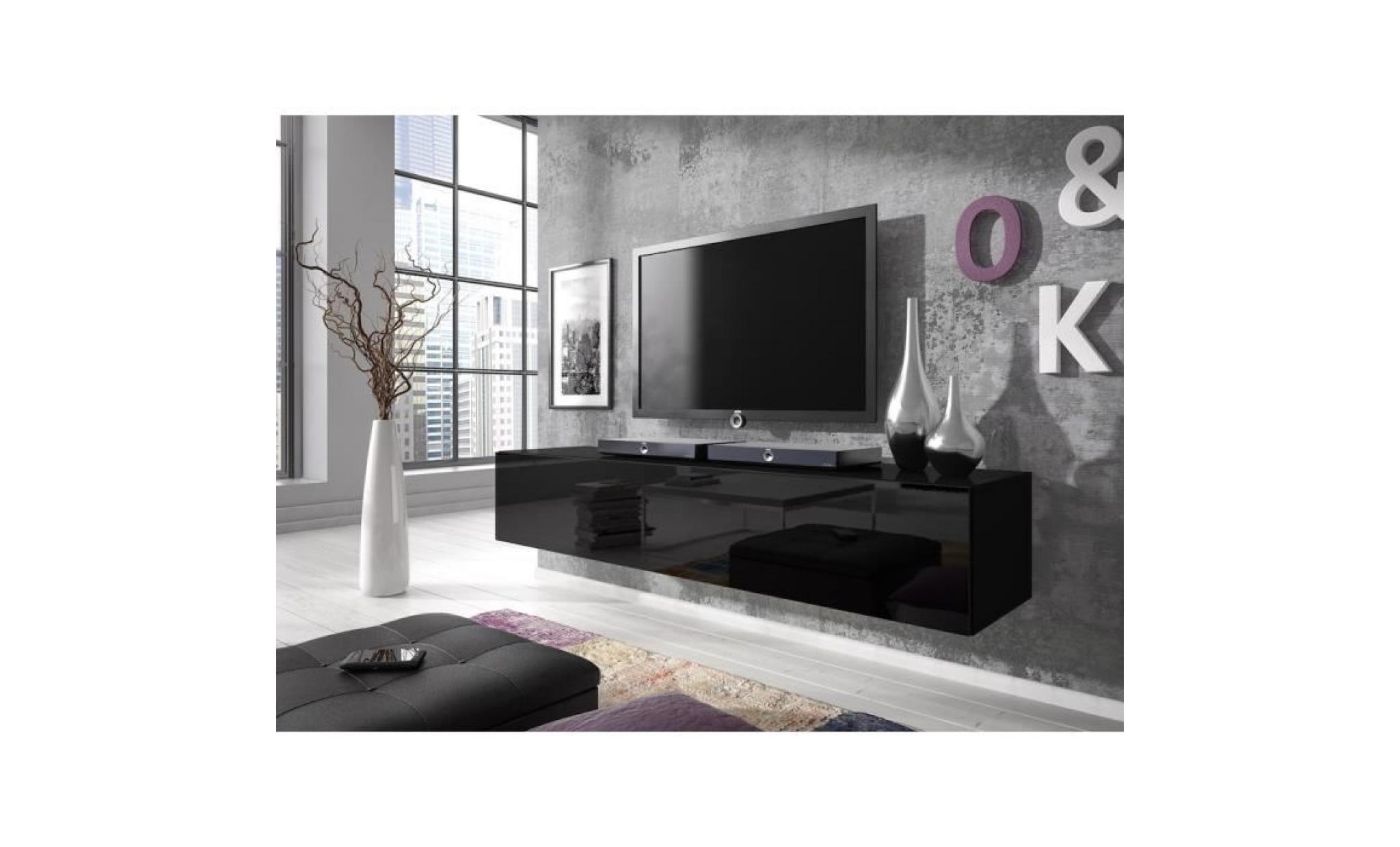 meuble tv flottant rocco 160 cm (corps mat noir   portes noir haute brillant)