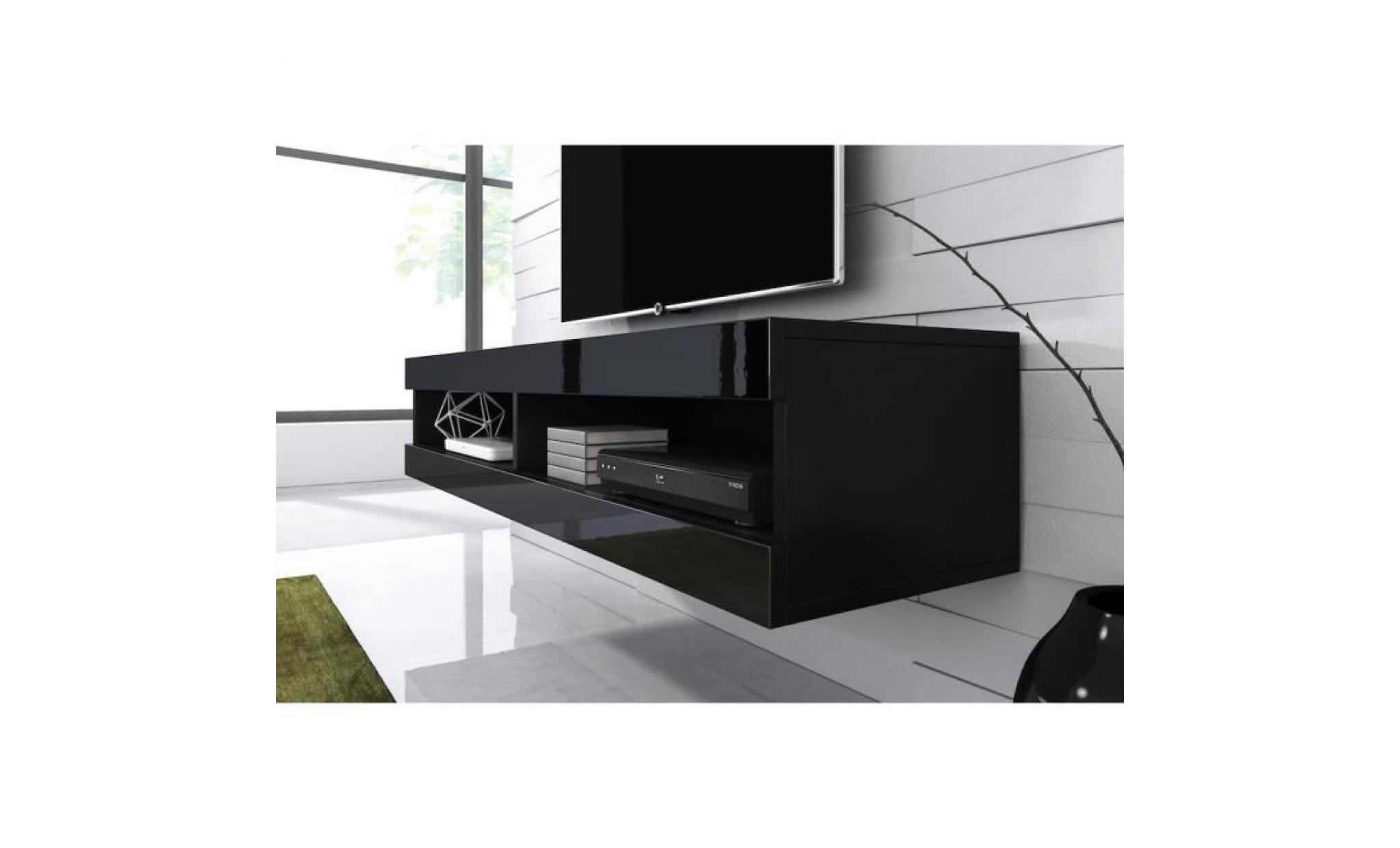 meuble tv flottant volanti 150 cm (corps mat noir   noir haute brillant avant) pas cher