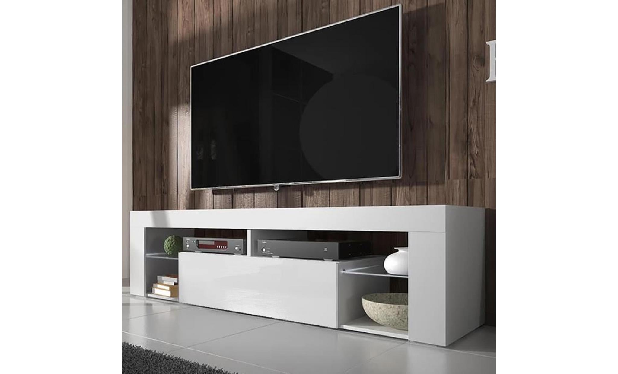 meuble tv / meuble de salon   hugo   140 cm   blanc mat / blanc brillant   sans led   style moderne   tablette en verre