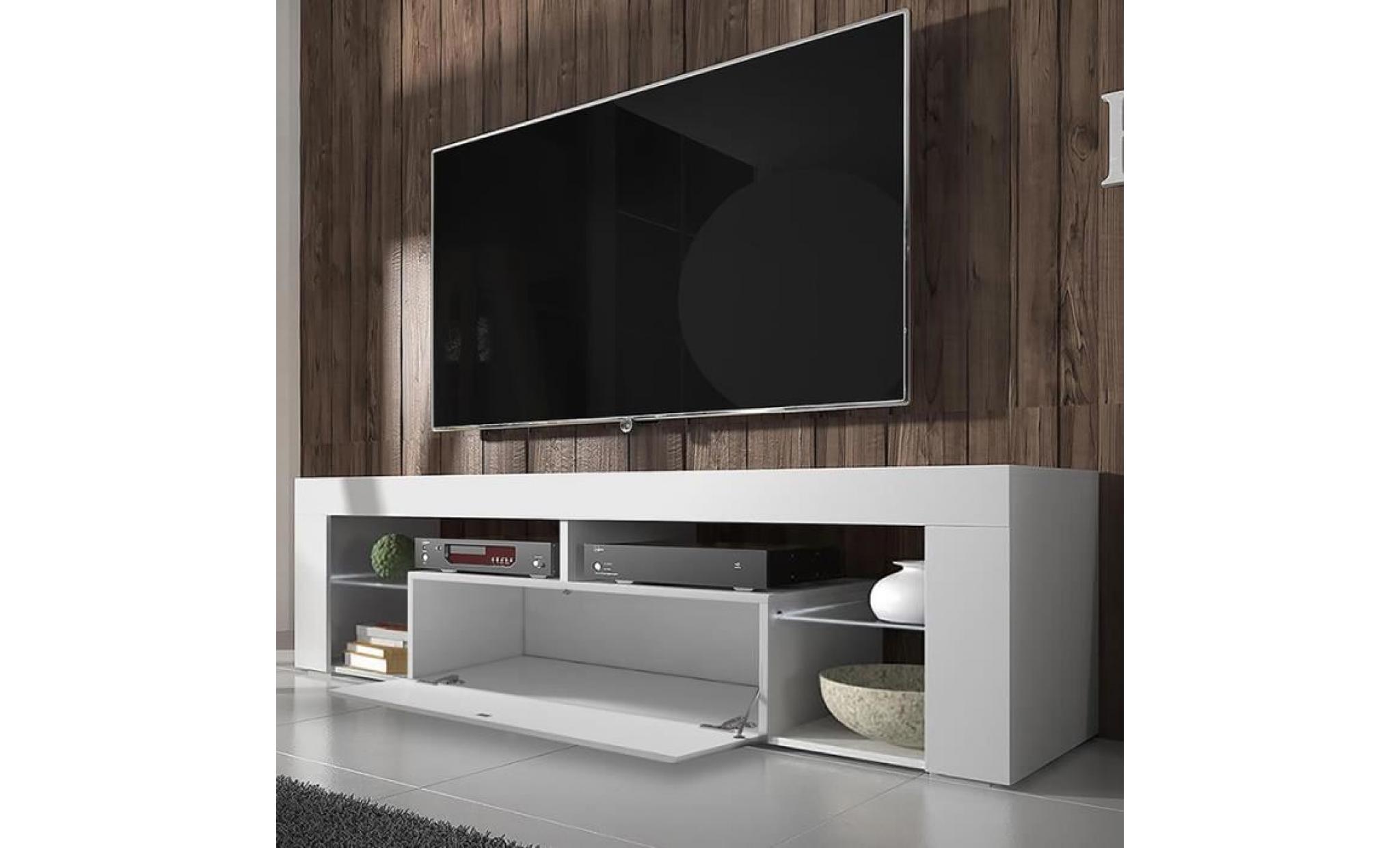 meuble tv / meuble de salon   hugo   140 cm   blanc mat / blanc brillant   sans led   style moderne   tablette en verre pas cher