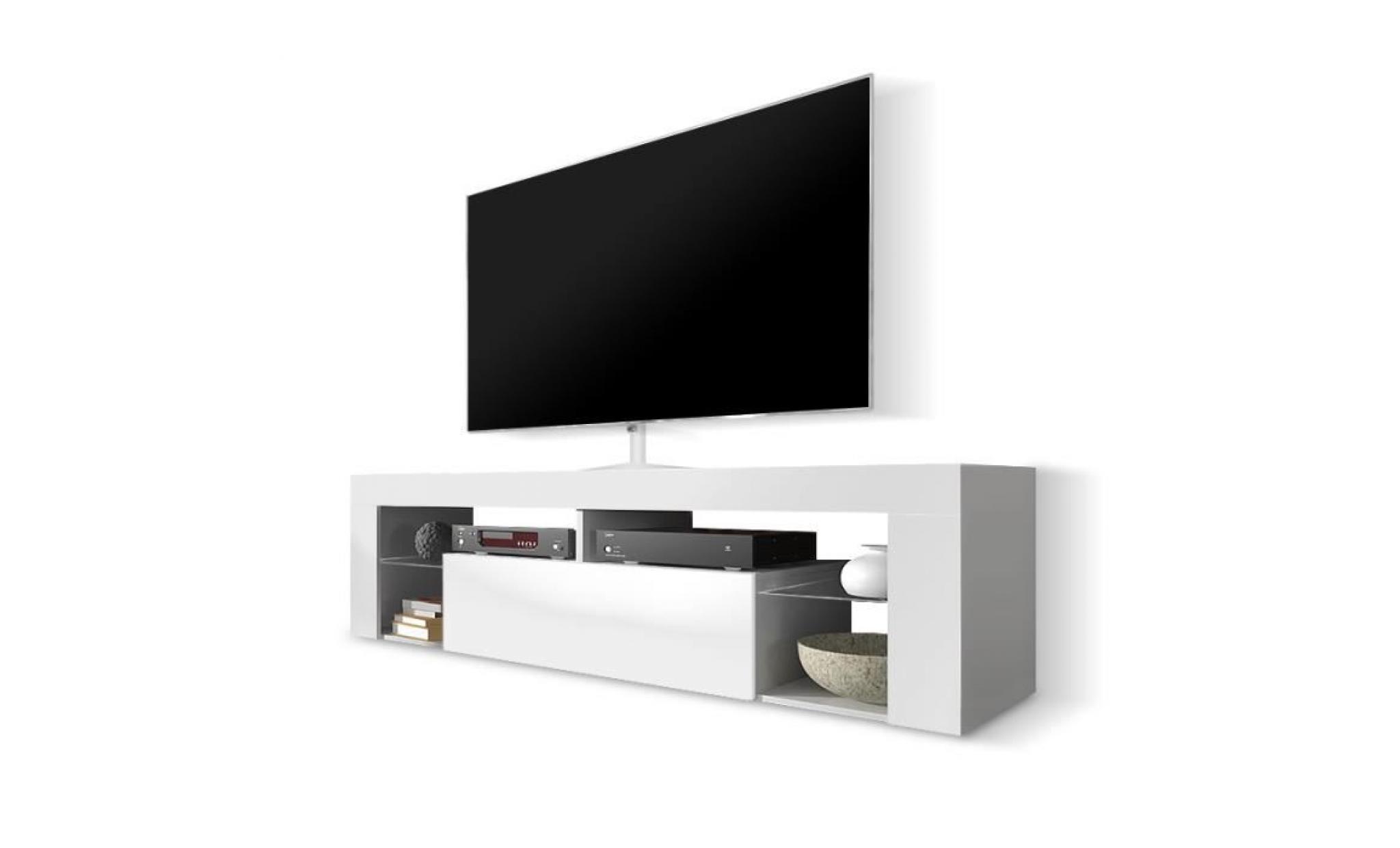 meuble tv / meuble de salon   hugo   140 cm   blanc mat / blanc brillant   sans led   style moderne   tablette en verre pas cher