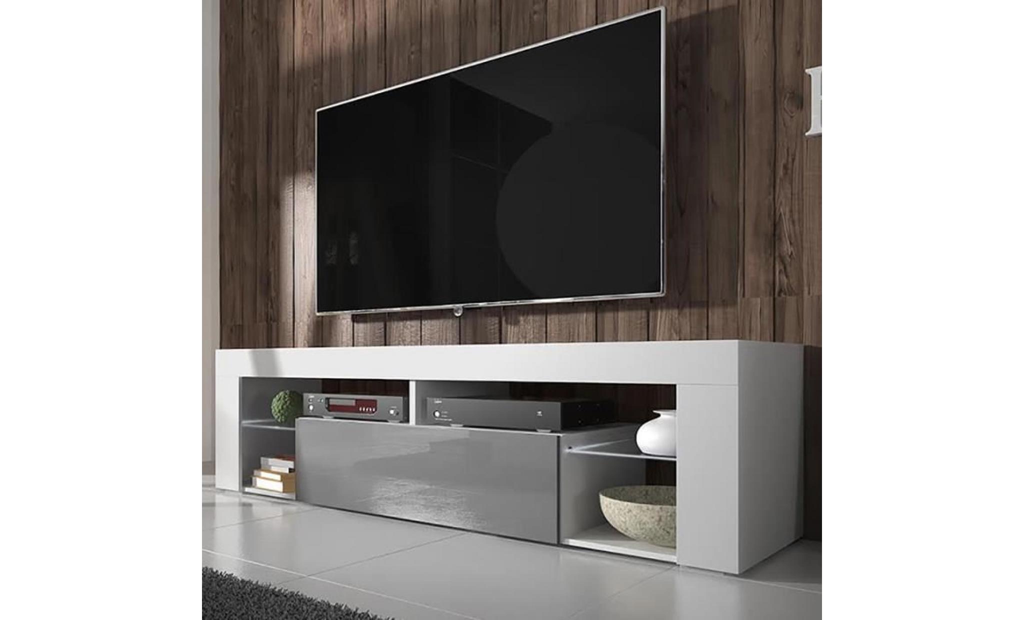 meuble tv / meuble de salon   hugo   140 cm   blanc mat / gris brillant   sans led   style moderne   tablette en verre