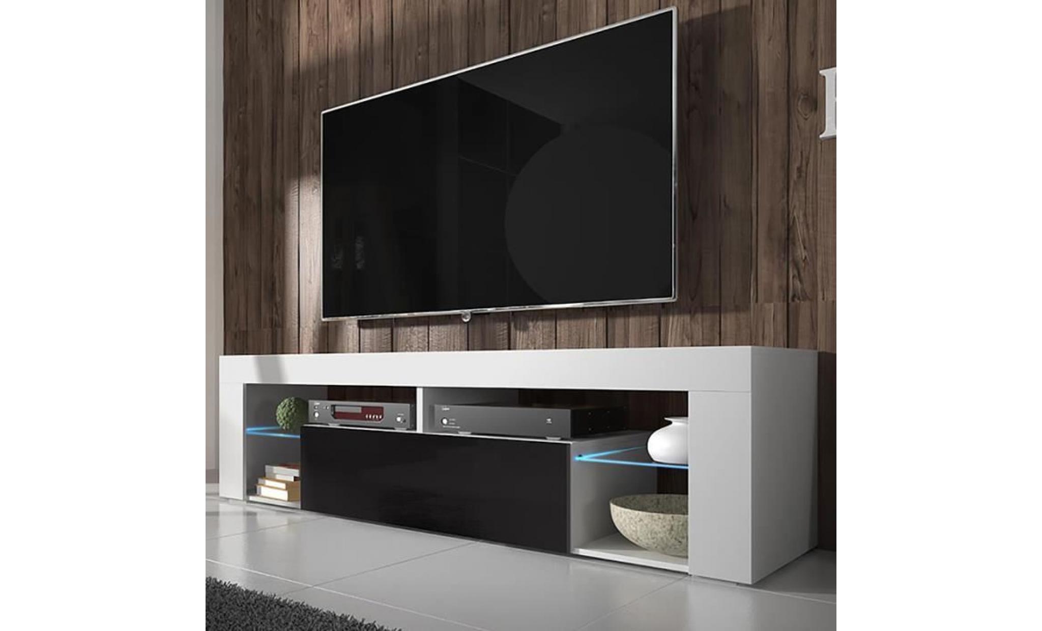 meuble tv / meuble de salon   hugo   140 cm   blanc mat / noir brillant   avec led   style moderne   tablette en verre