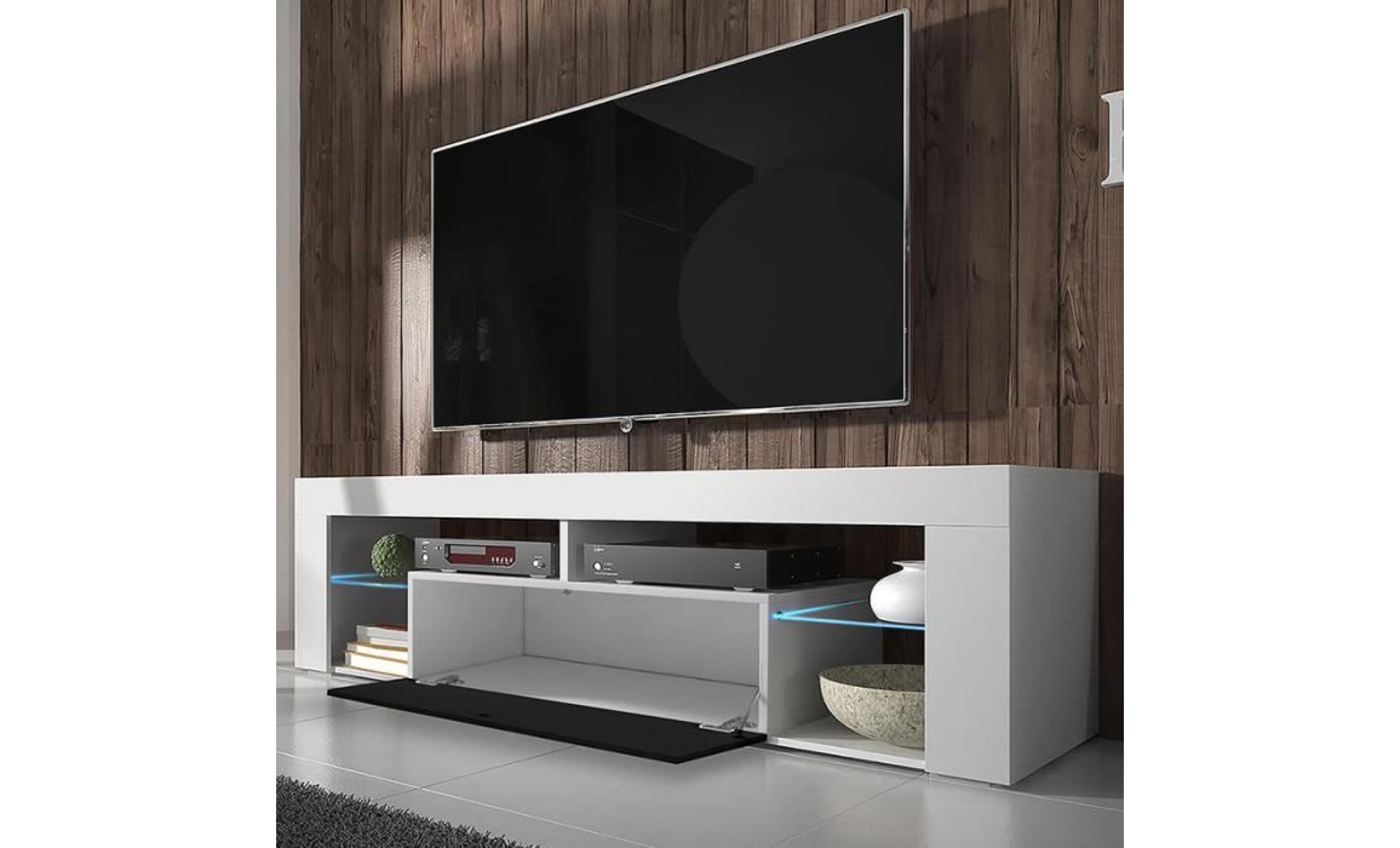 meuble tv / meuble de salon   hugo   140 cm   blanc mat / noir brillant   avec led   style moderne   tablette en verre pas cher