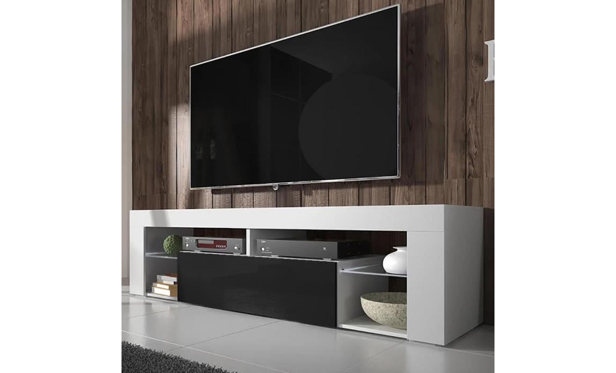 meuble tv / meuble de salon   hugo   140 cm   blanc mat / noir brillant   sans led   style moderne   tablette en verre