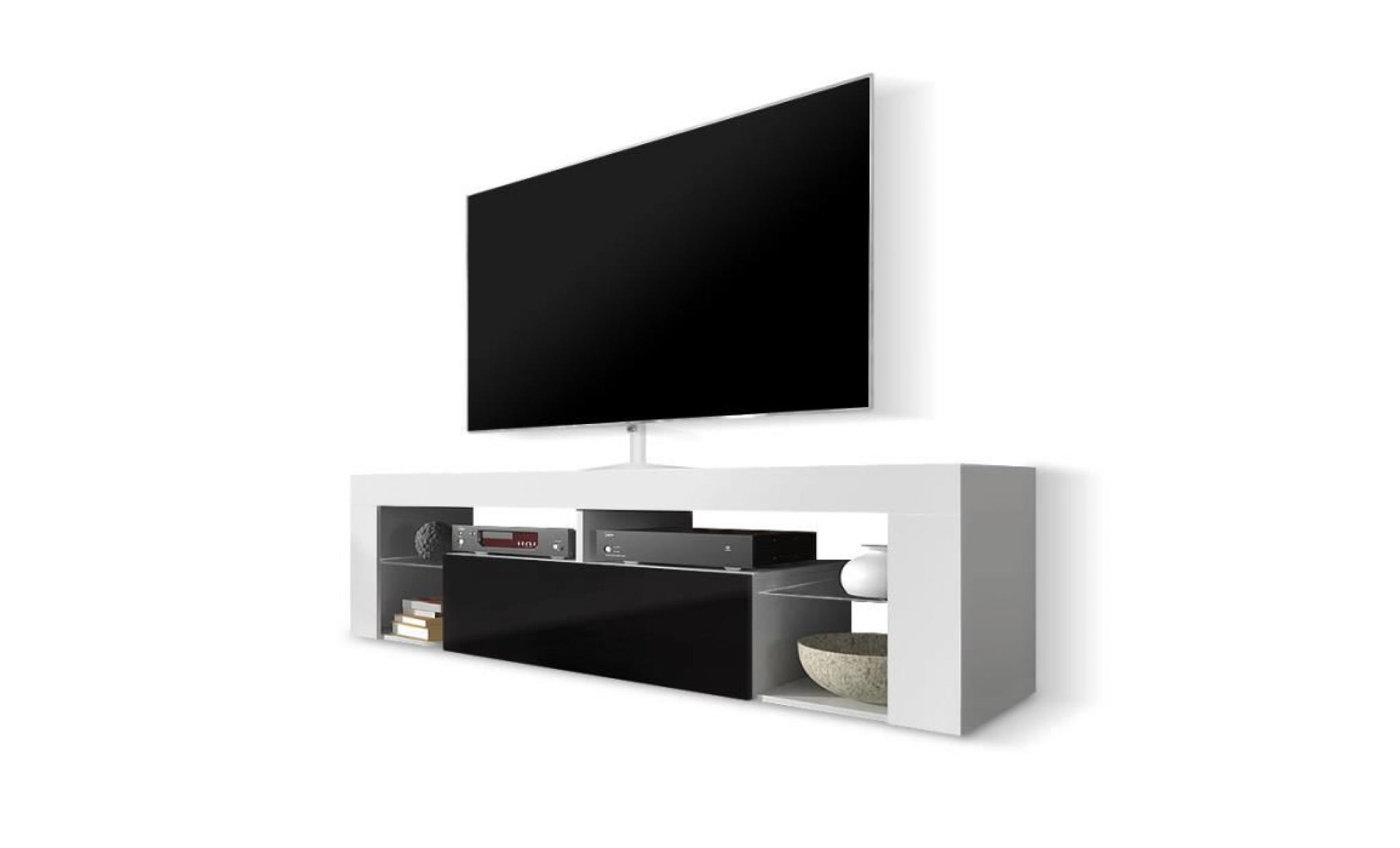 meuble tv / meuble de salon   hugo   140 cm   blanc mat / noir brillant   sans led   style moderne   tablette en verre pas cher