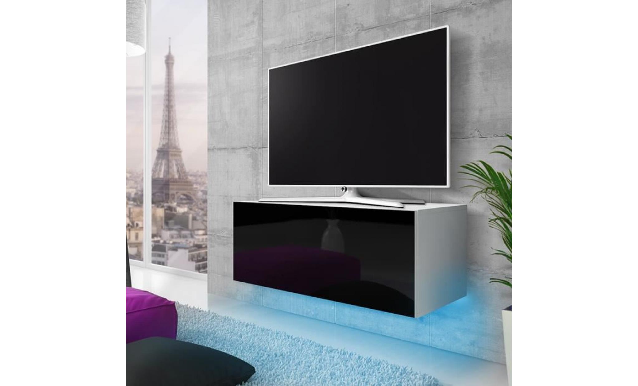 meuble tv / meuble de salon suspendu   lana   140 cm   blanc mat / noir brillant   avec led   style moderne   style classique