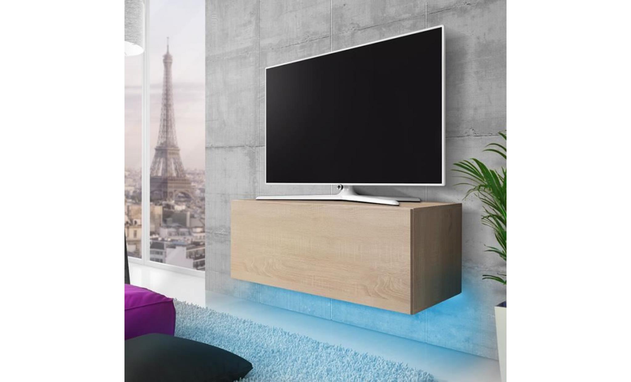 meuble tv / meuble de salon suspendu   lana   100 cm   effet chêne   avec led   style moderne   style classique