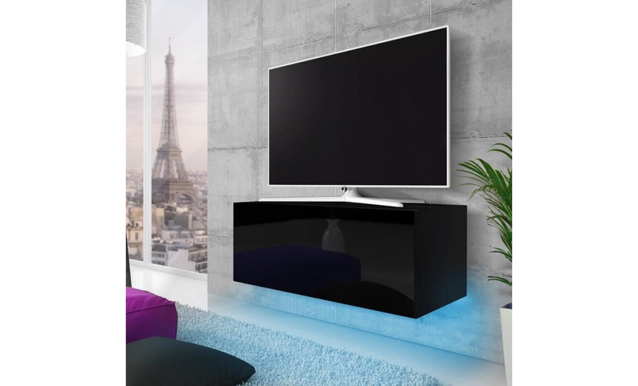 meuble tv / meuble de salon suspendu   lana   160 cm   noir mat / noir brillant   avec led   style moderne   style classique