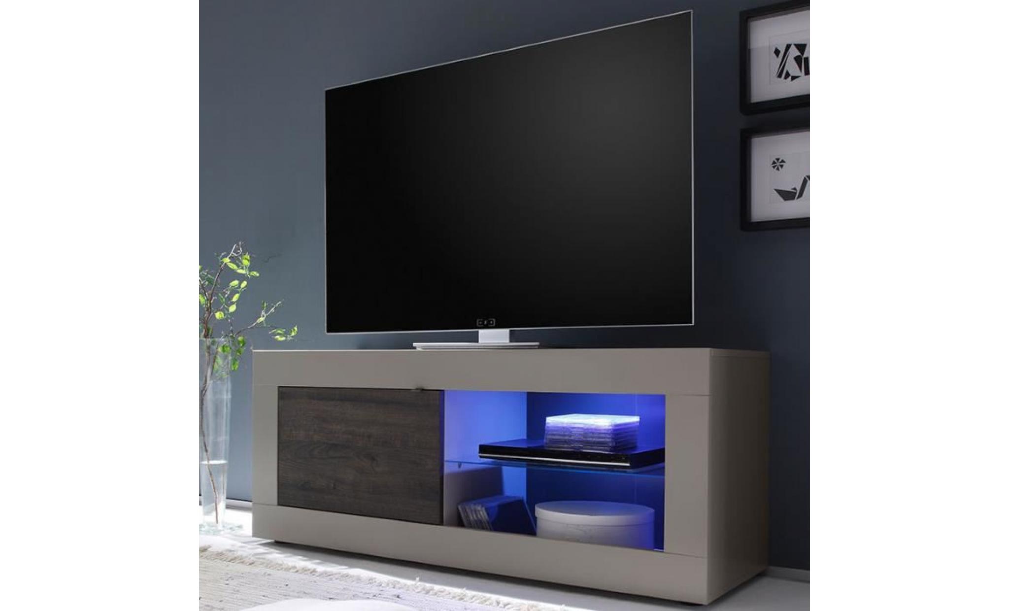 meuble tv laqué mat taupe et wengé moderne focia 3 gris l 140 x p 43 x h 56 cm