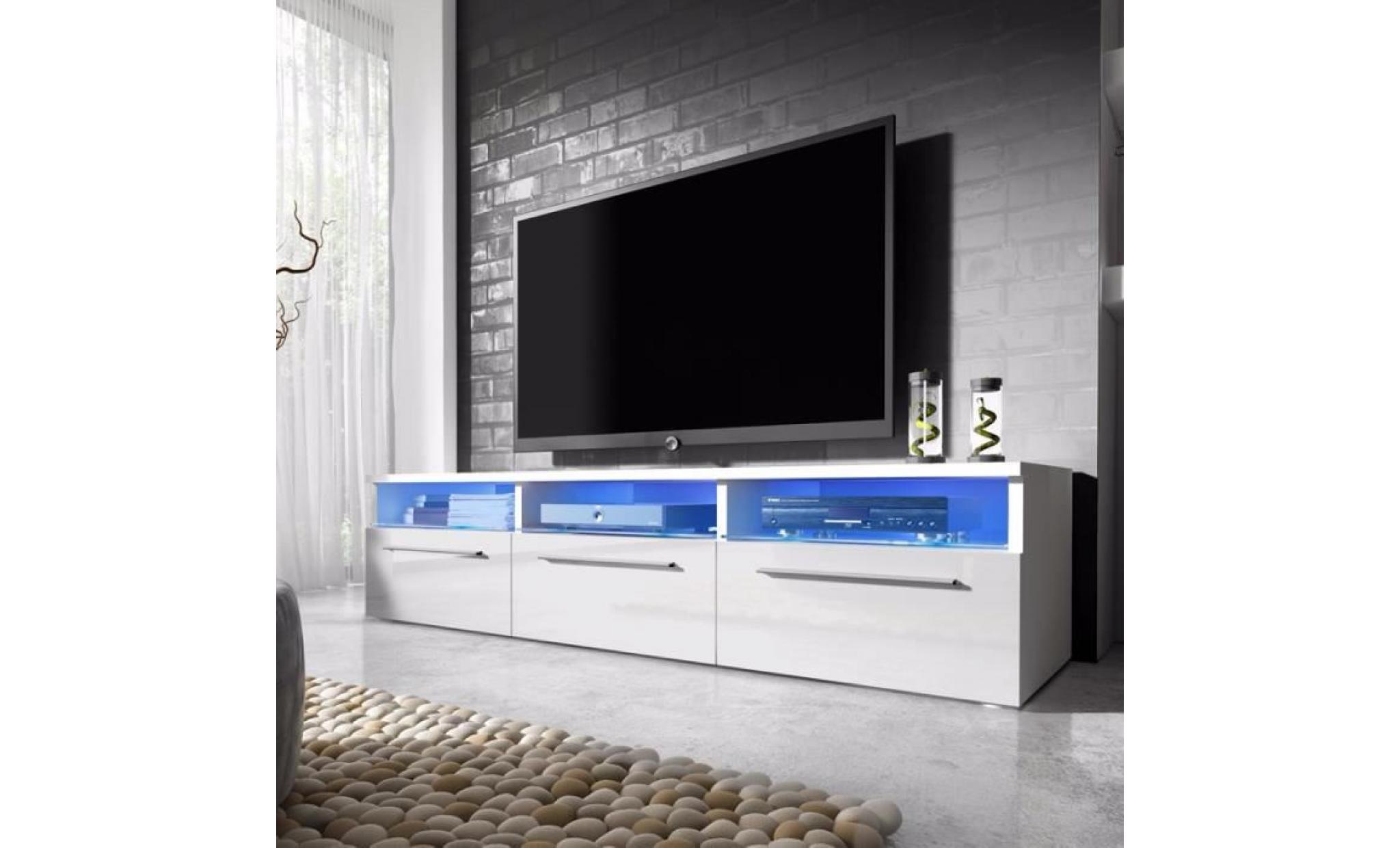meuble tv / meuble salon   lavello   140 cm   blanc mat / blanc brillant   avec led bleue   style moderne   style classique