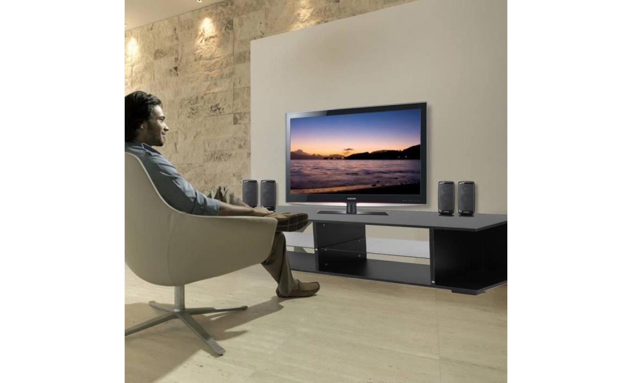 meuble tv led contemporain noir laqué et verre décor  135cm  2 couches pas cher