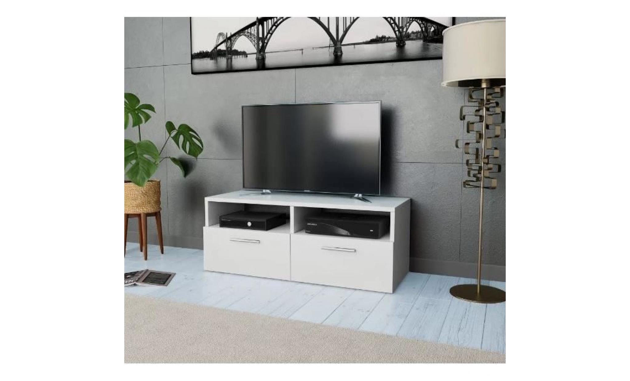 meuble tv mdf blanc style minimal moderne, avec deux tiroirs de rangement