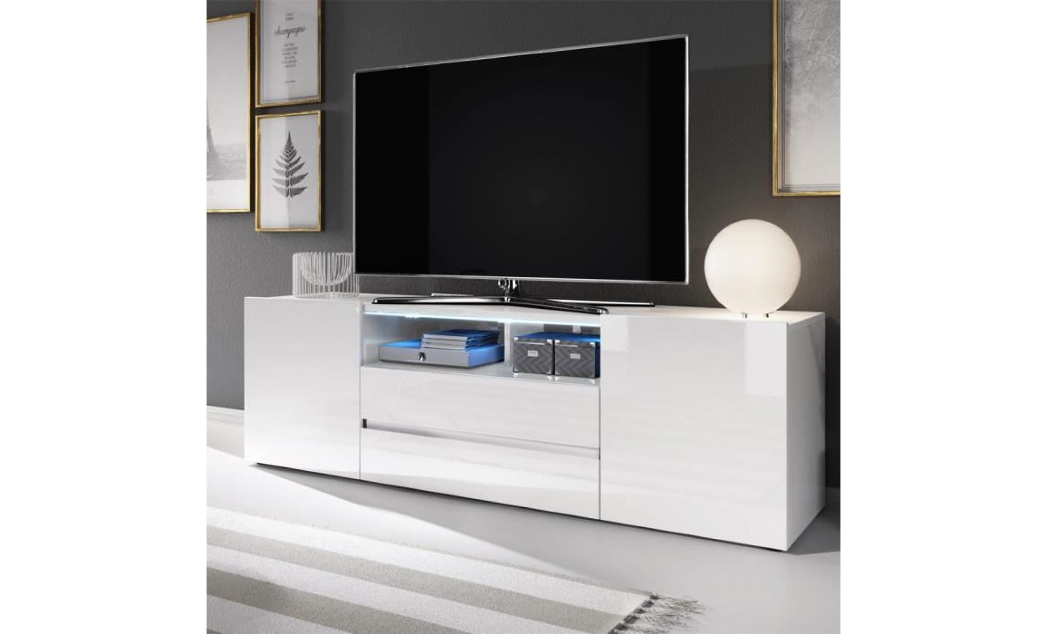 meuble tv / meuble de salon   bros   137 cm   blanc mat / blanc brillant   avec led   2 niches ouvertes   4 compartiments fermés