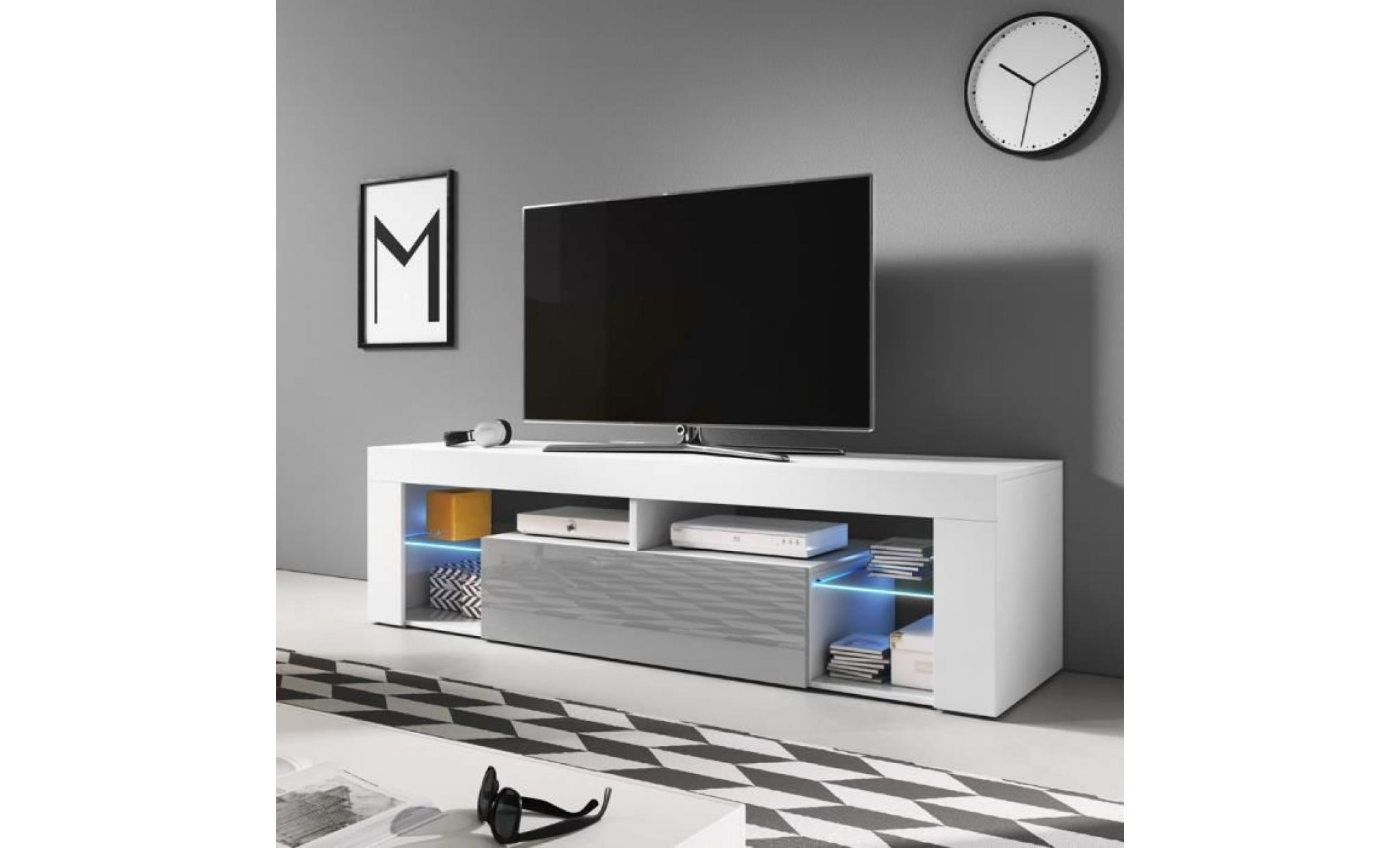 meuble tv / meuble de salon   hugo   140 cm   blanc mat / gris brillant   avec led   style moderne   tablette en verre