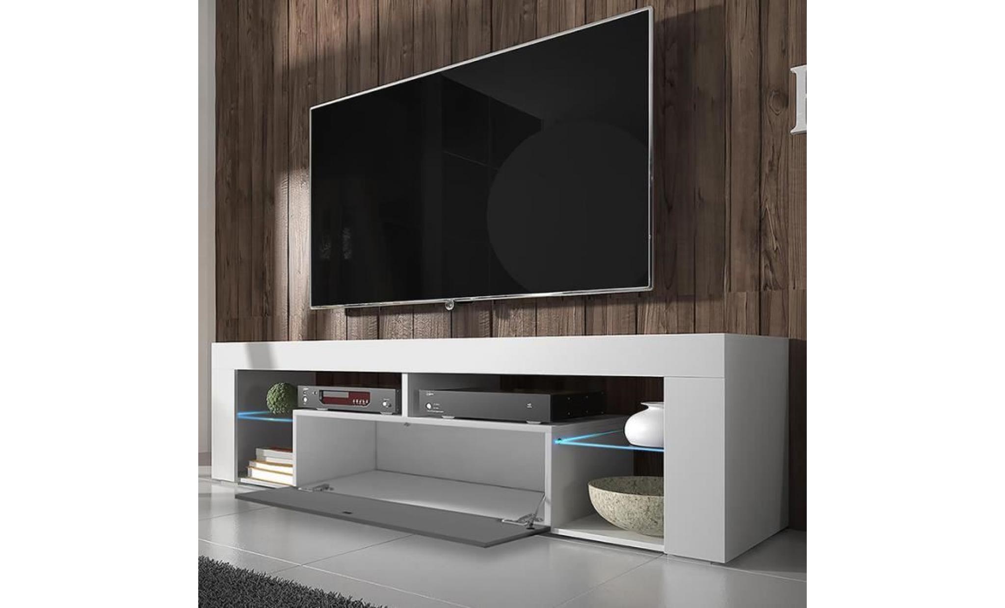 meuble tv / meuble de salon   hugo   140 cm   blanc mat / gris brillant   avec led   style moderne   tablette en verre pas cher