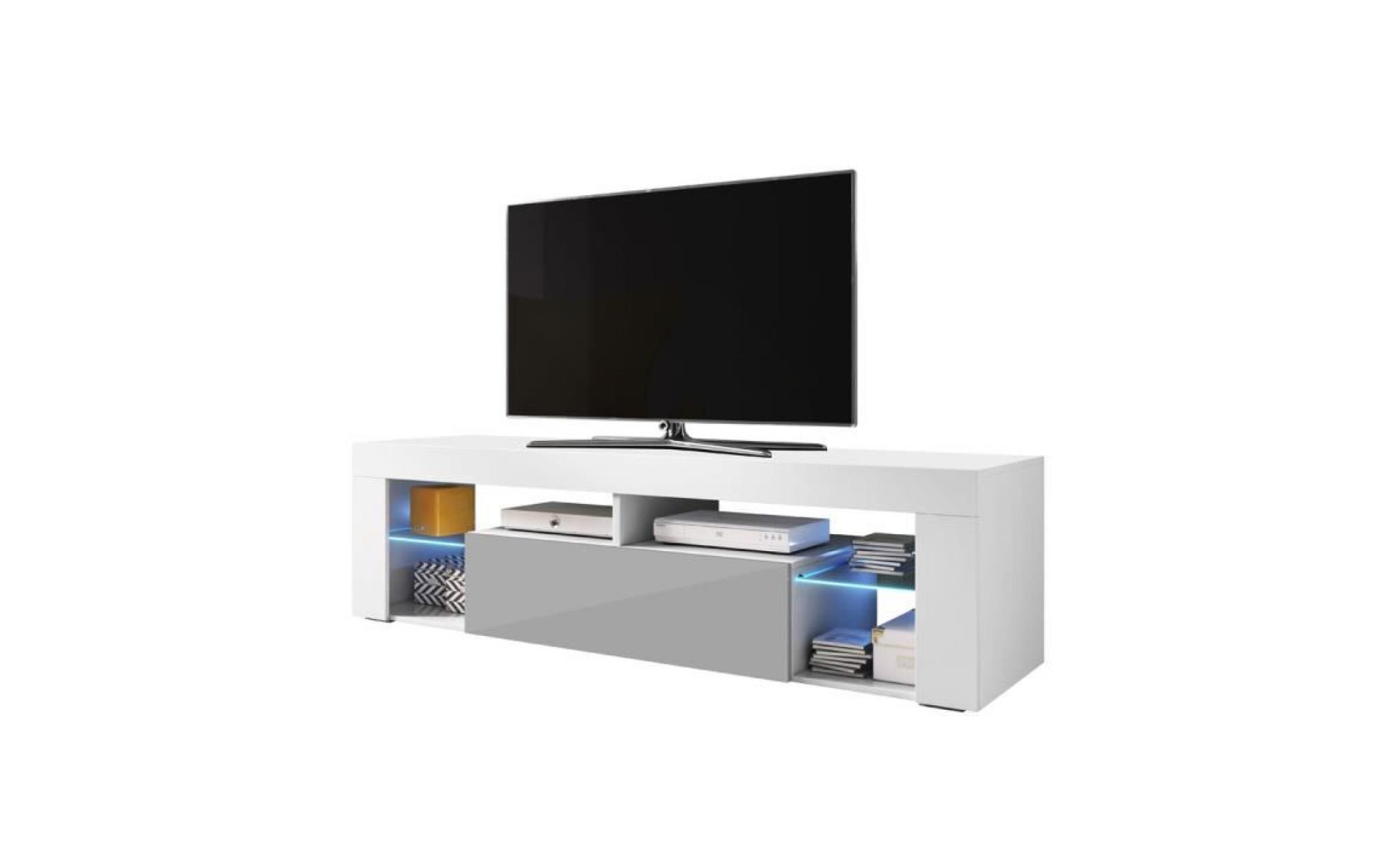 meuble tv / meuble de salon   hugo   140 cm   blanc mat / gris brillant   avec led   style moderne   tablette en verre pas cher