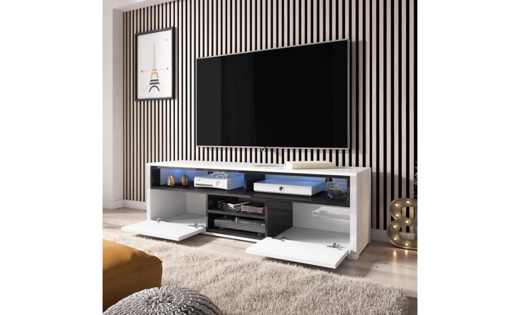 meuble tv / meuble de salon   mario   137 cm   blanc mat / noir brillant   avec led   4 niches ouvertes   2 compartiments fermés pas cher