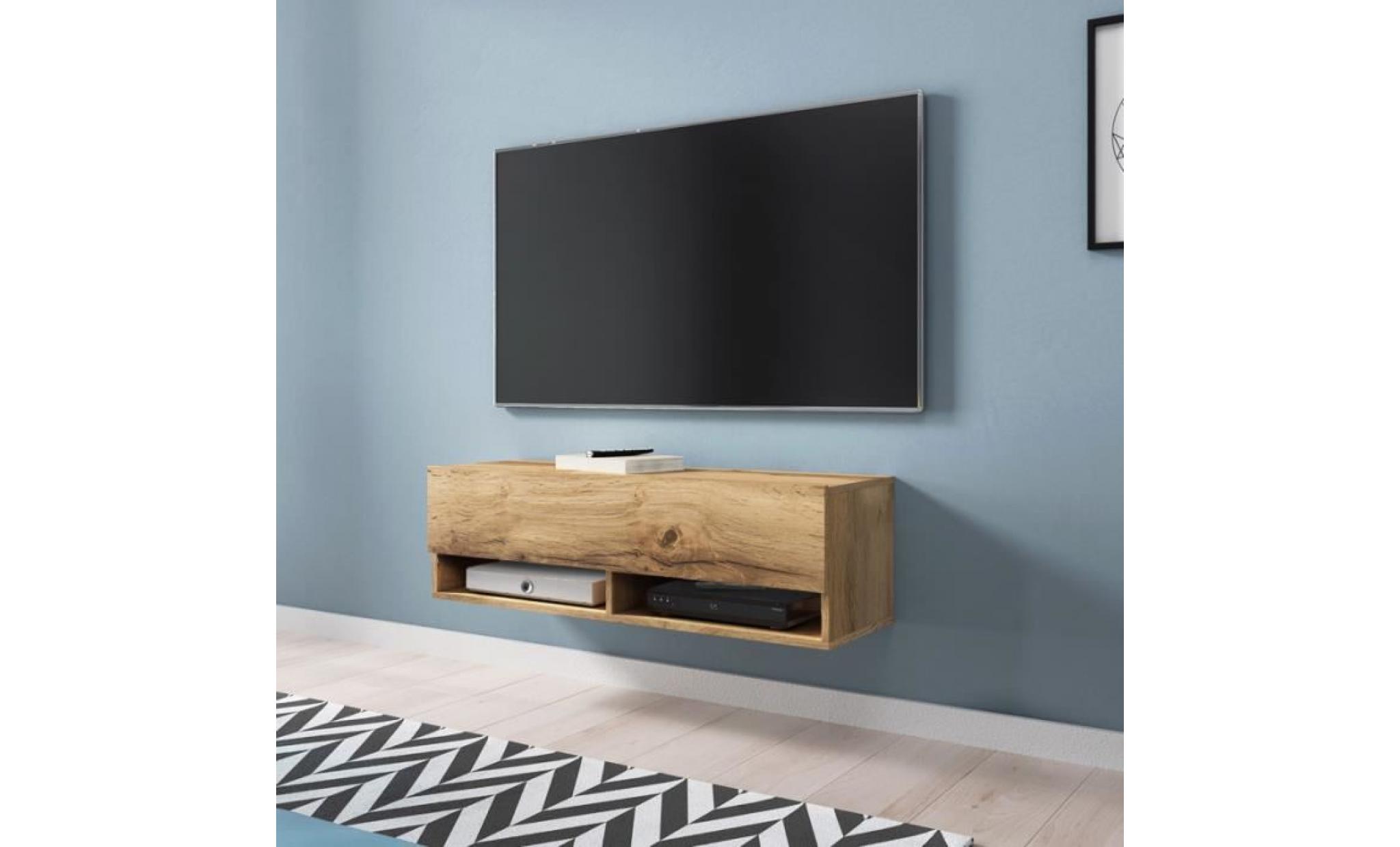 meuble tv / meuble de salon   wander   100 cm   effet chêne wotan   sans led   2 niches ouvertes   style industriel