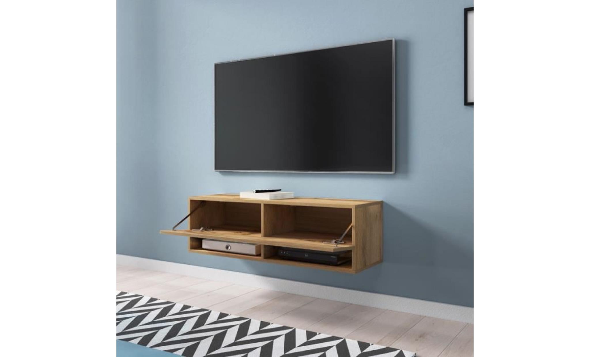 meuble tv / meuble de salon   wander   100 cm   effet chêne wotan   sans led   2 niches ouvertes   style industriel pas cher