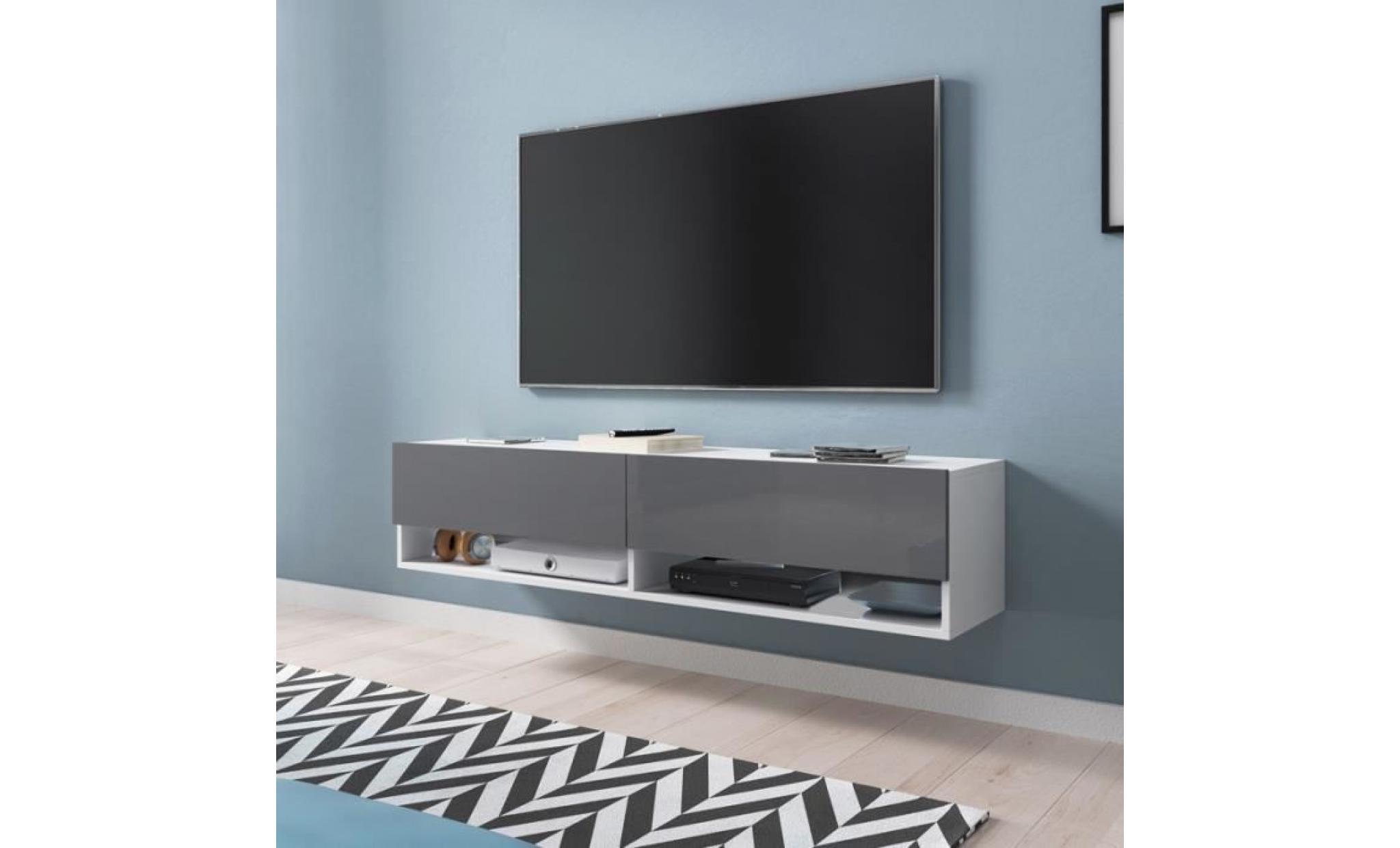 meuble tv / meuble de salon   wander   140 cm   blanc mat / gris brillant   sans led   2 niches ouvertes   style industriel